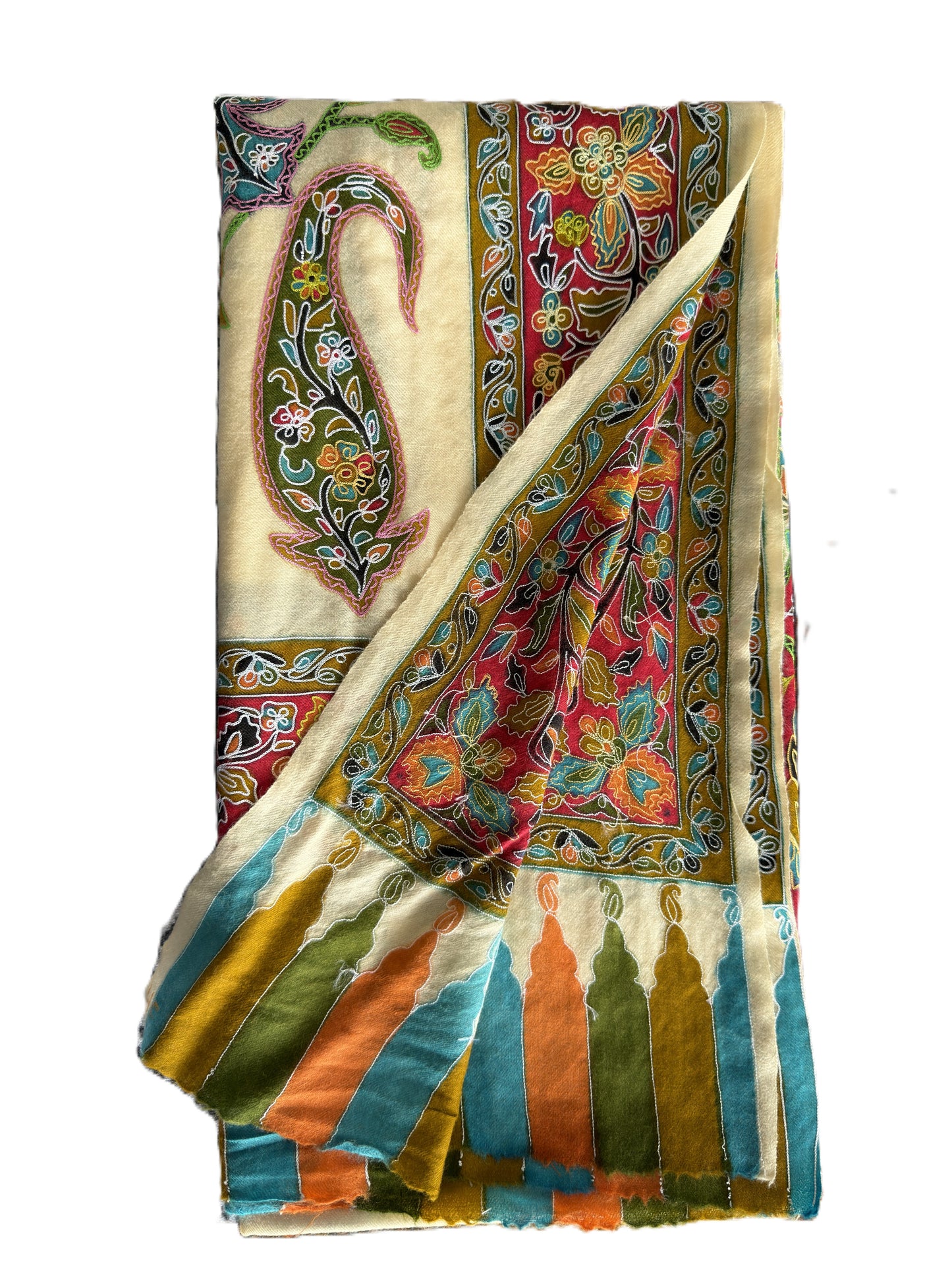 Elegant ivory shawl with detailed heritage border and vibrant embroidery