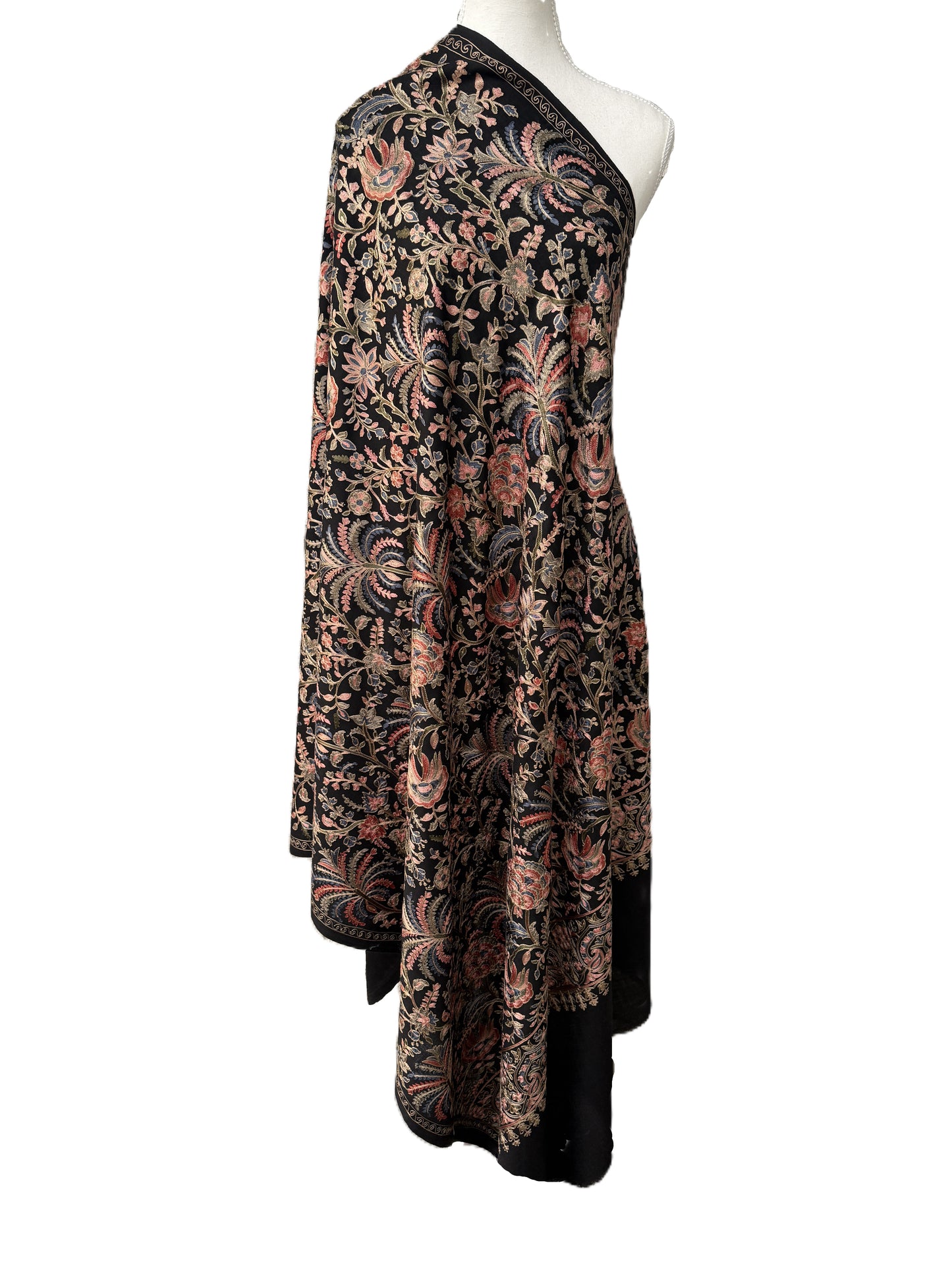 Fine silk embroidery shawl, reversible black Pashmina, artisan made