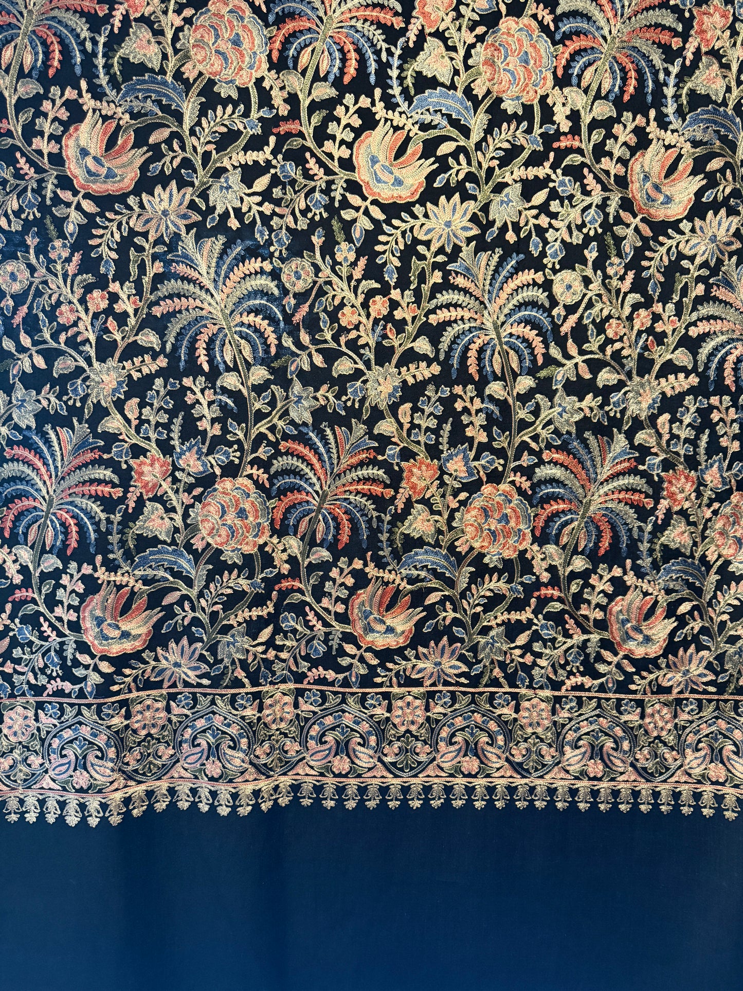 Black Pashmina shawl with floral silk embroidery, reversible Kashmir design