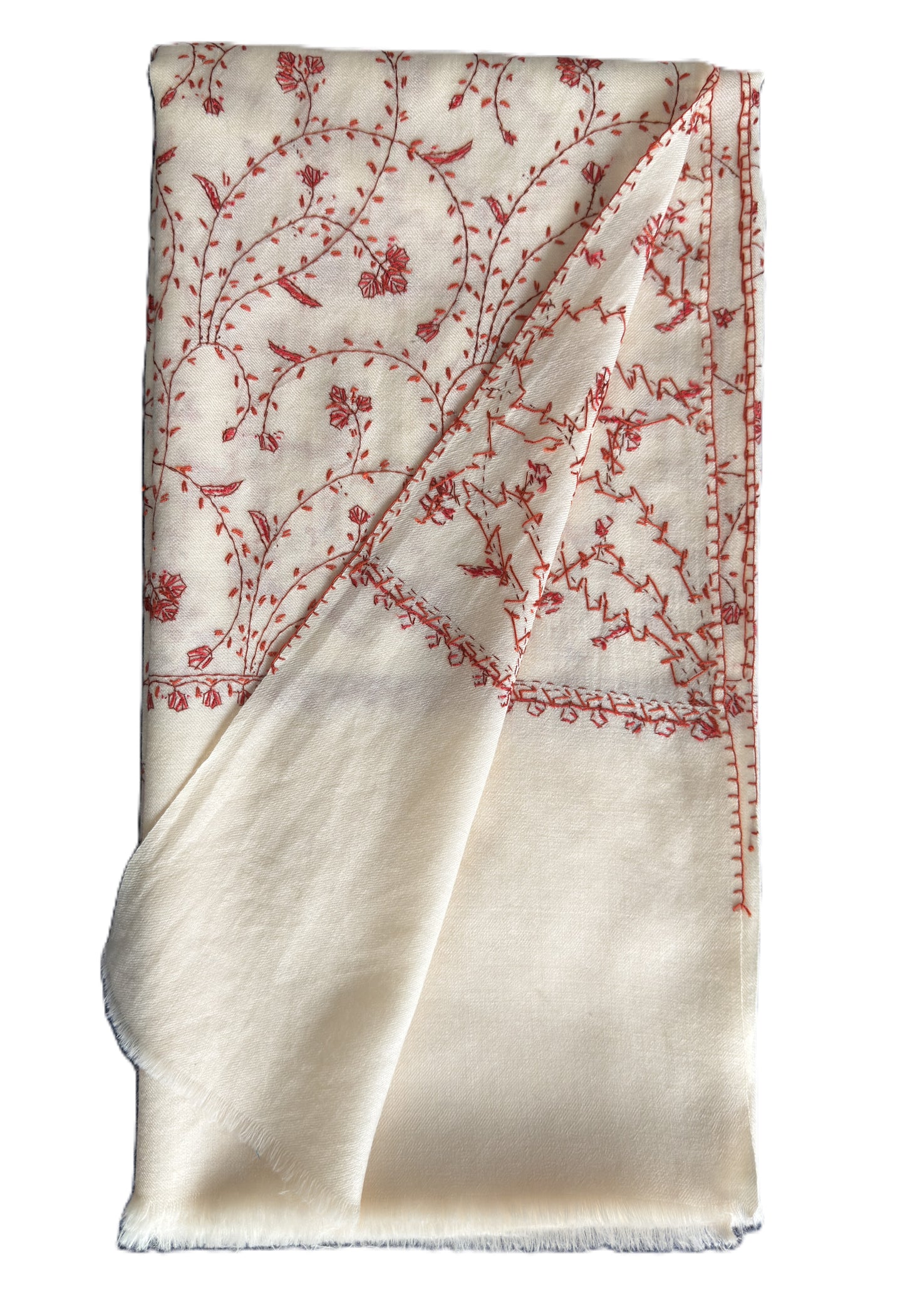 Luxury cream shawl with detailed Sozni embroidery close up