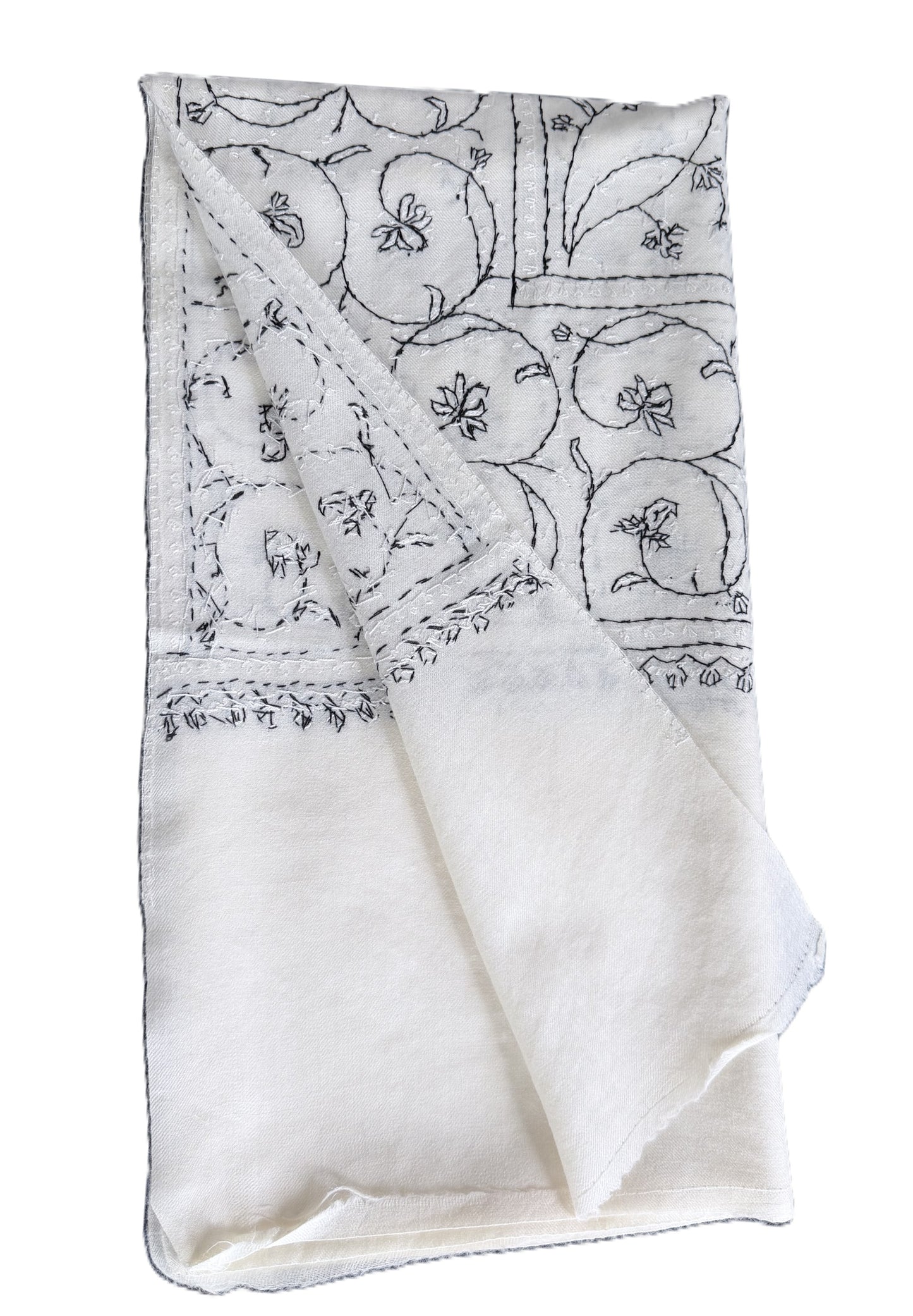 Elegant ivory shawl with detailed Sozni embroidery close up