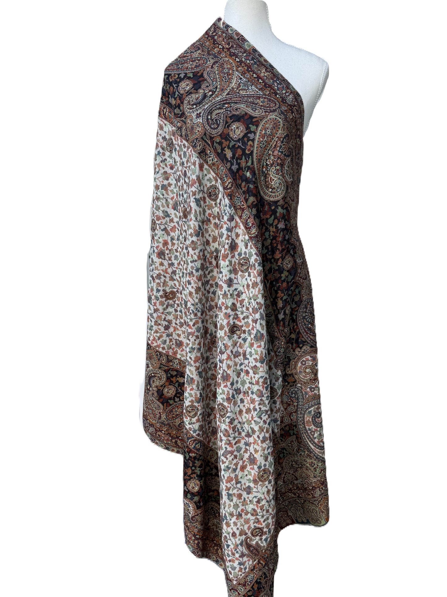 Kani Pashmina Shawl – Ivory and Black Dual Tone, Elegant Handwoven Pashmina Shawl – Kashmir Kani Weave in Ivory & Black, Pure Pashmina Shawl for Women – Dual Color with Traditional Kashmiri Motifs, Luxury Kani Shawl – Floral Ivory Base with Black Paisley Panel Design, Authentic Kashmiri Pashmina