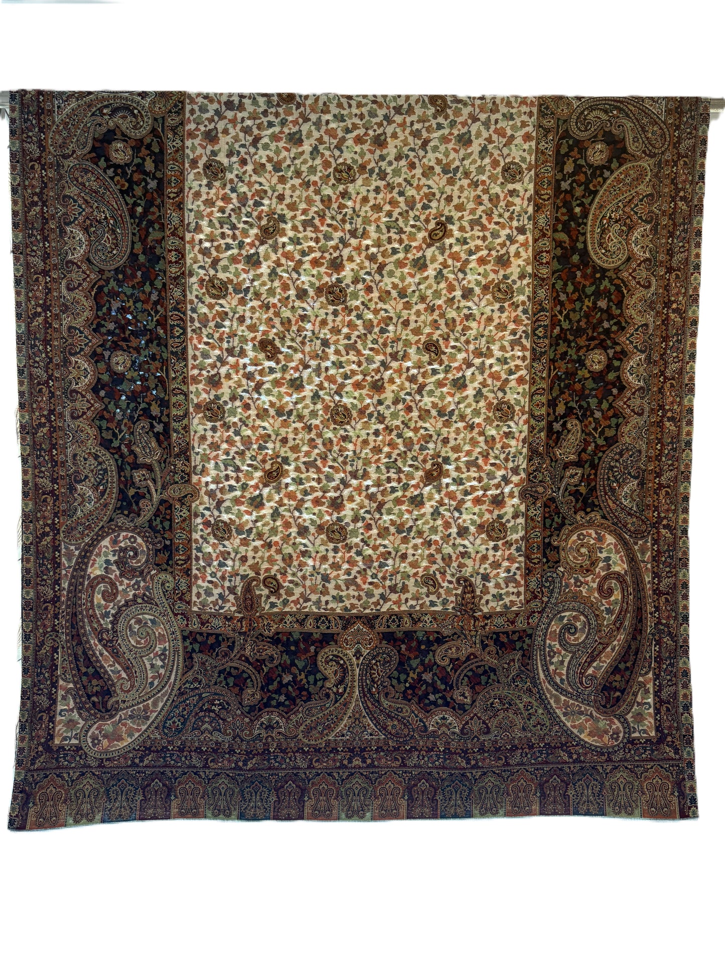 Kani Pashmina Shawl – Ivory and Black Dual Tone, Elegant Handwoven Pashmina Shawl – Kashmir Kani Weave in Ivory & Black, Pure Pashmina Shawl for Women – Dual Color with Traditional Kashmiri Motifs, Luxury Kani Shawl – Floral Ivory Base with Black Paisley Panel Design, Authentic Kashmiri Pashmina
