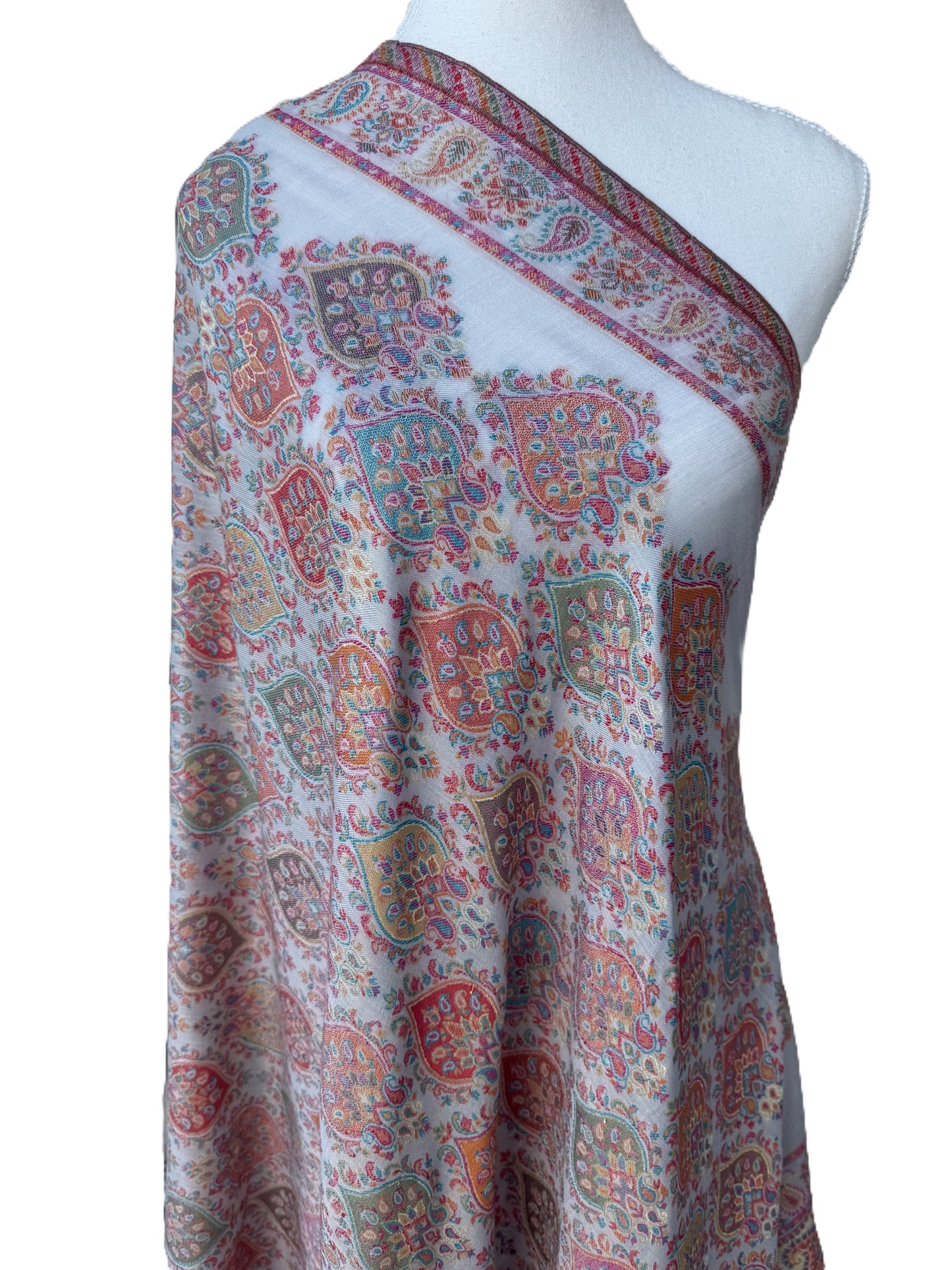 Kani Pashmina Shawl – Ivory Base with Mughal Tile Pattern,Ivory Kashmiri Pashmina Shawl,Traditional Mughal Art Pashmina Shawl,Elegant Winter Shawl,winter shawls NZ,pashmina scarf NZ,pashmina shawl NZ,buy pashmina stole New Zealand,authentic pashmina shawls online,pure pashmina scarves NZ, Kashmir shawls NZ