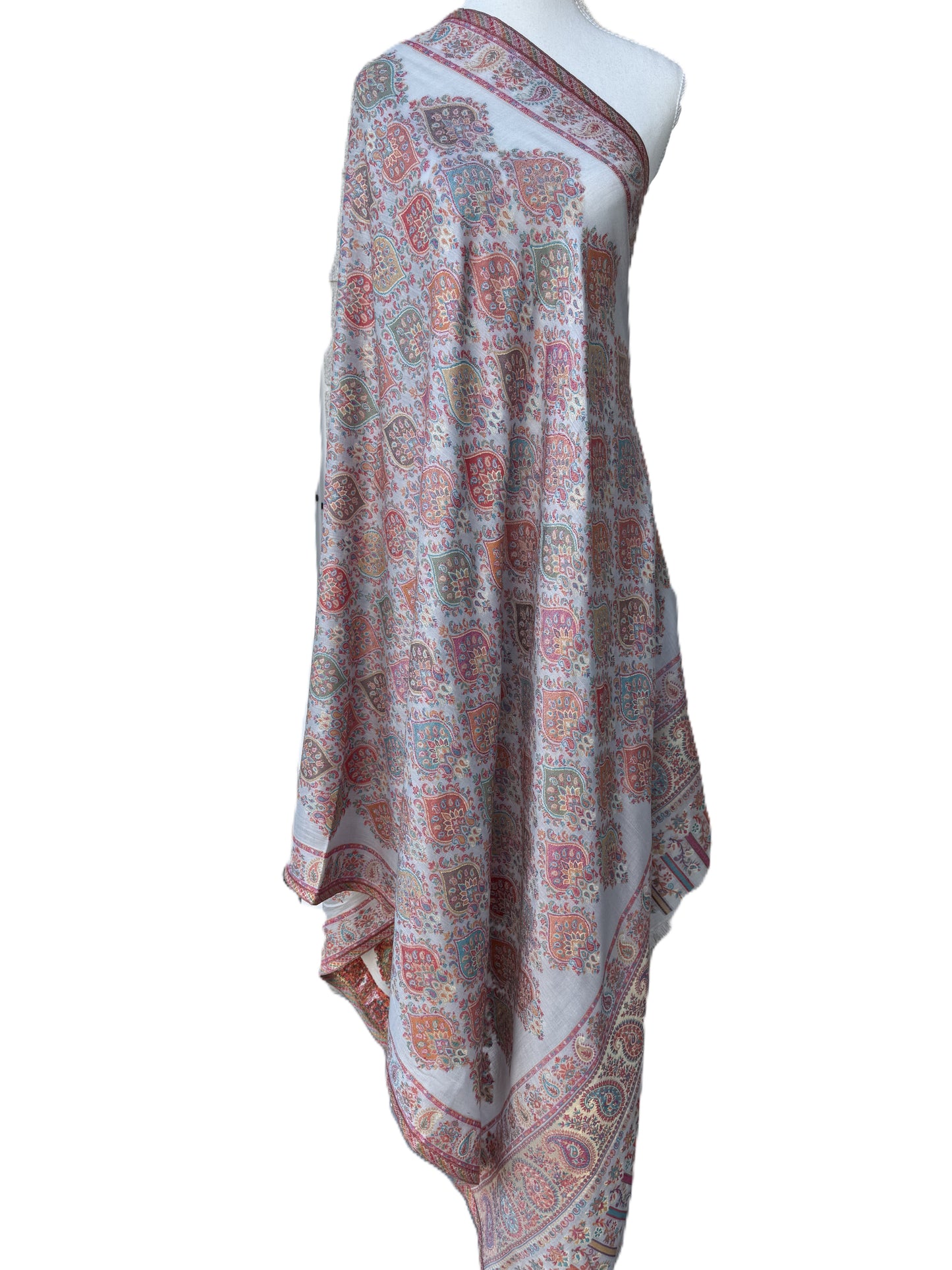 Kani Pashmina Shawl – Ivory Base with Mughal Tile Pattern,Ivory Kashmiri Pashmina Shawl,Traditional Mughal Art Pashmina Shawl,Elegant Winter Shawl,winter shawls NZ,pashmina scarf NZ,pashmina shawl NZ,buy pashmina stole New Zealand,authentic pashmina shawls online,pure pashmina scarves NZ, Kashmir shawls NZ