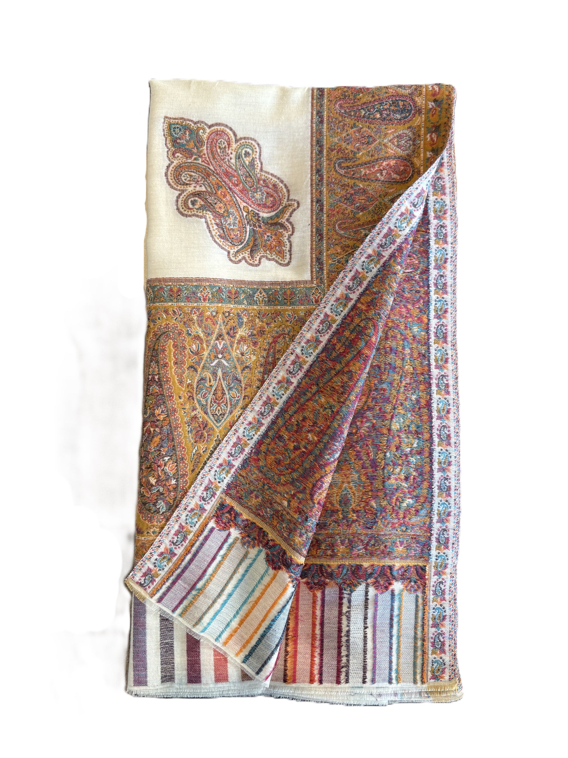 Ivory Kani Pashmina Shawl with Multicolour Paisley Border, Elegant Ivory Pashmina Shawl , Kashmiri Pashmina Shawl, Minimalist Pashmina Shawl, winter shawls NZ,pashmina scarf NZ,pashmina shawl NZ,buy pashmina stole New Zealand,authentic pashmina shawls online,pure pashmina scarves NZ, Kashmir shawls NZ