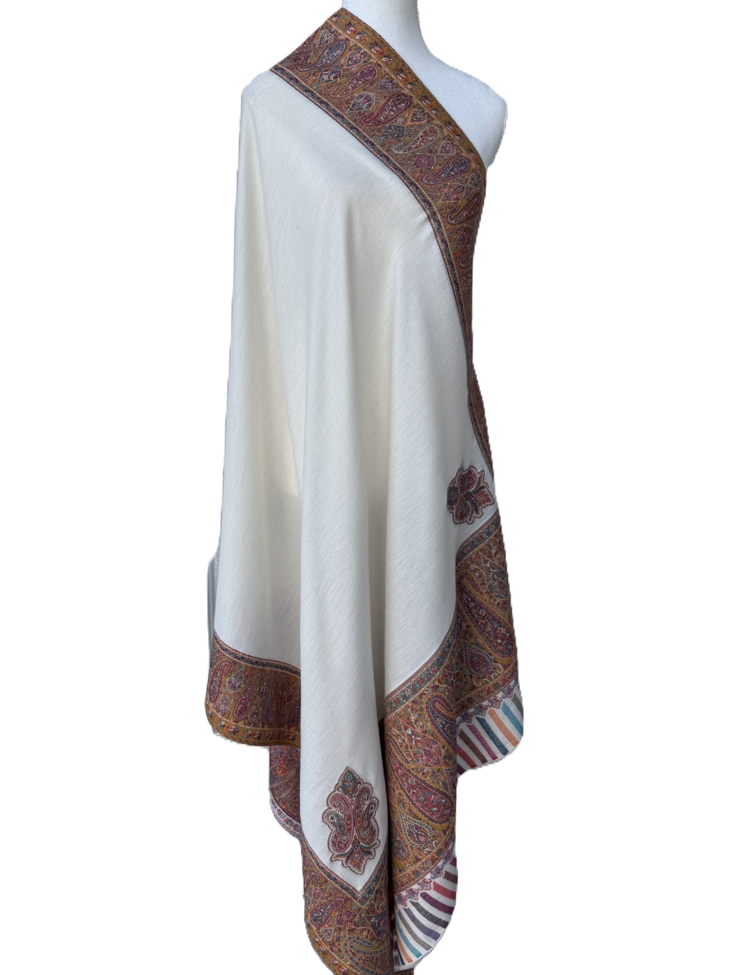 Ivory Kani Pashmina Shawl with Multicolour Paisley Border, Elegant Ivory Pashmina Shawl , Kashmiri Pashmina Shawl, Minimalist Pashmina Shawl, winter shawls NZ,pashmina scarf NZ,pashmina shawl NZ,buy pashmina stole New Zealand,authentic pashmina shawls online,pure pashmina scarves NZ, Kashmir shawls NZ