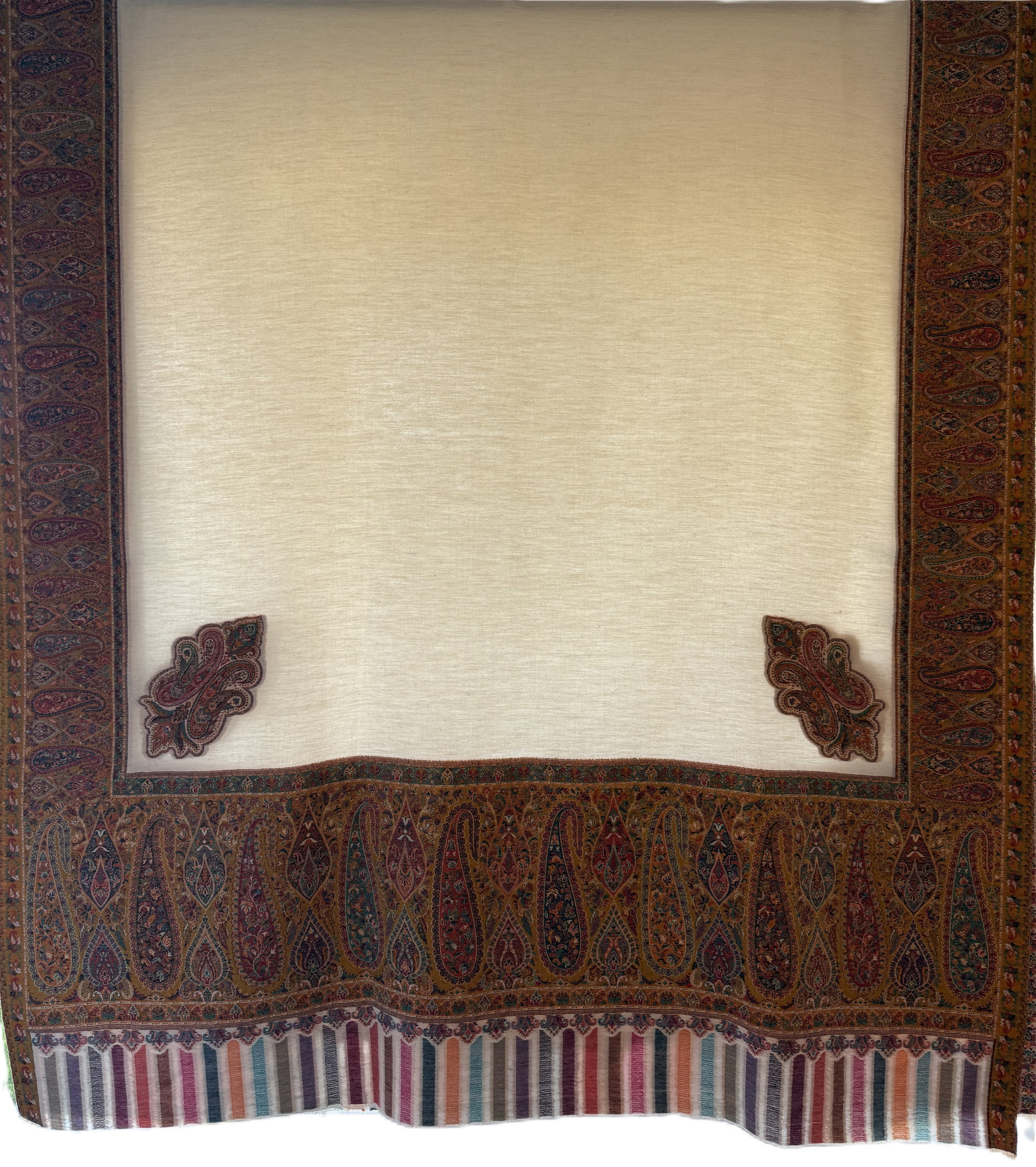 Ivory Kani Pashmina Shawl with Multicolour Paisley Border, Elegant Ivory Pashmina Shawl , Kashmiri Pashmina Shawl, Minimalist Pashmina Shawl, winter shawls NZ,pashmina scarf NZ,pashmina shawl NZ,buy pashmina stole New Zealand,authentic pashmina shawls online,pure pashmina scarves NZ, Kashmir shawls NZ