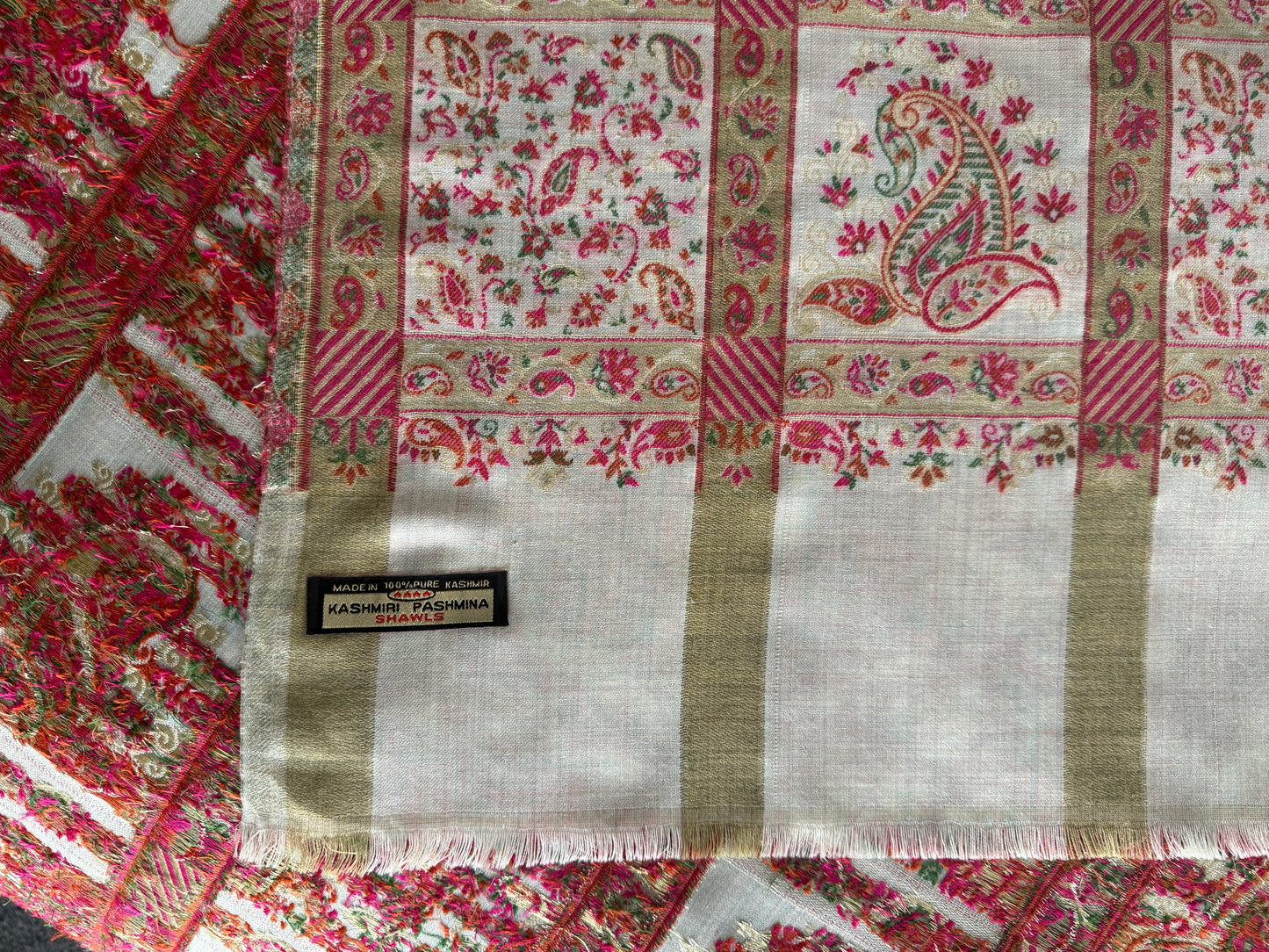 Kani Pashmina Shawl – Ivory Base with Rose and Olive Floral Design, Handwoven Kani Shawl – Ivory with Pink Green Paisley Motifs, Traditional Kashmiri Pashmina Shawl, winter shawls NZ,pashmina scarf NZ,pashmina shawl NZ,buy pashmina stole New Zealand,authentic pashmina shawls online,pure pashmina scarves NZ,kashmir shawls NZ