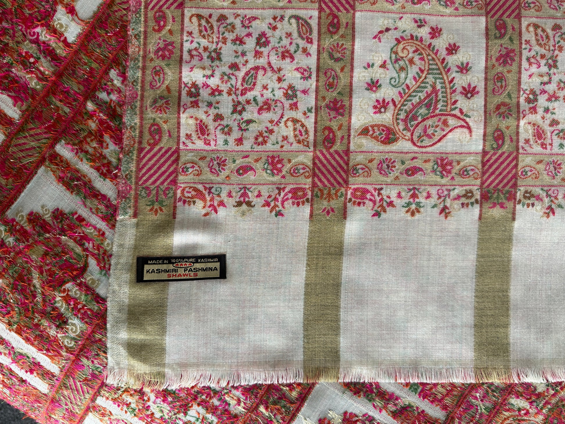 Kani Pashmina Shawl – Ivory Base with Rose and Olive Floral Design, Handwoven Kani Shawl – Ivory with Pink Green Paisley Motifs, Traditional Kashmiri Pashmina Shawl, winter shawls NZ,pashmina scarf NZ,pashmina shawl NZ,buy pashmina stole New Zealand,authentic pashmina shawls online,pure pashmina scarves NZ,kashmir shawls NZ