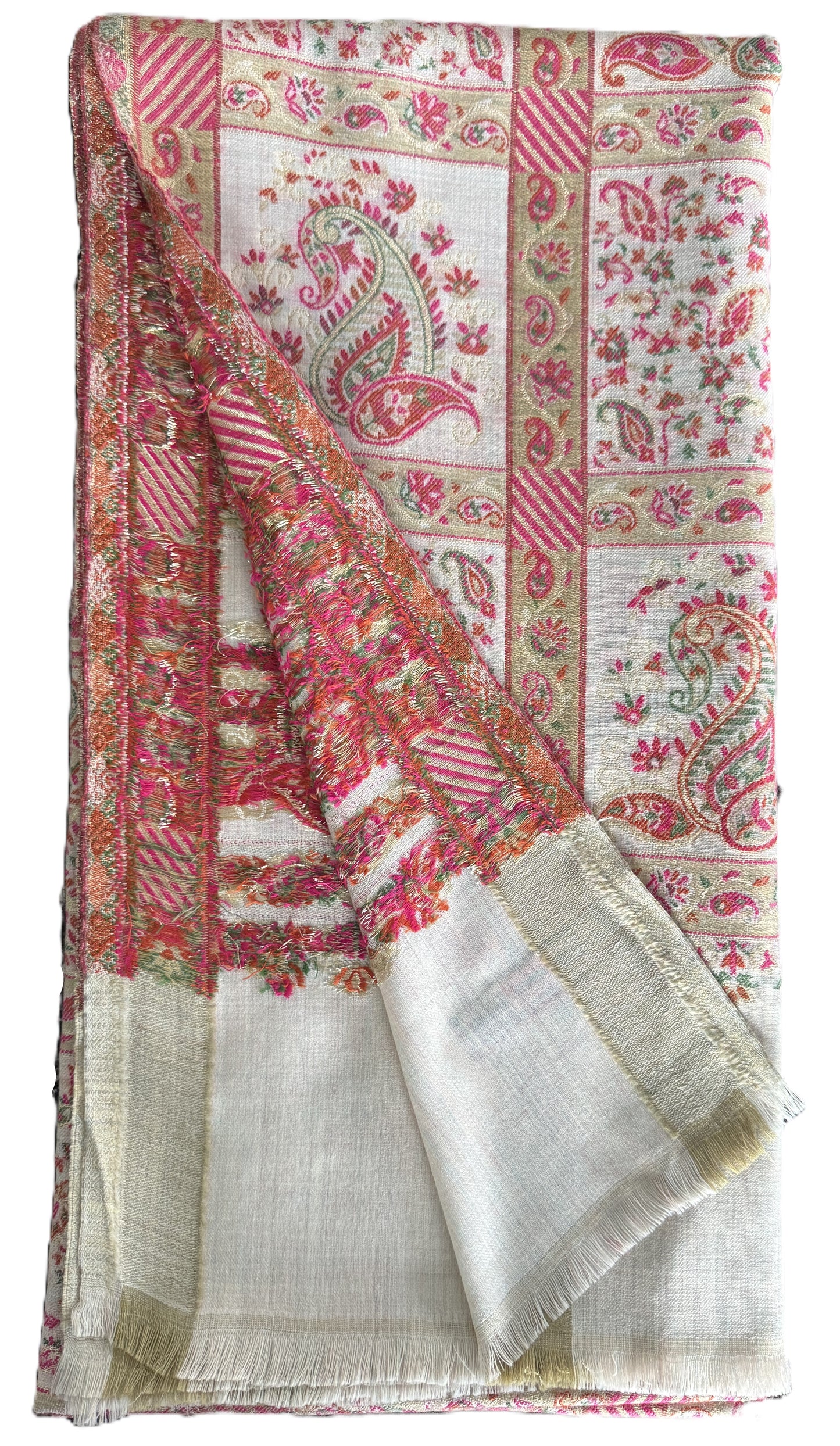 Kani Pashmina Shawl – Ivory Base with Rose and Olive Floral Design, Handwoven Kani Shawl – Ivory with Pink Green Paisley Motifs, Traditional Kashmiri Pashmina Shawl, winter shawls NZ,pashmina scarf NZ,pashmina shawl NZ,buy pashmina stole New Zealand,authentic pashmina shawls online,pure pashmina scarves NZ,kashmir shawls NZ