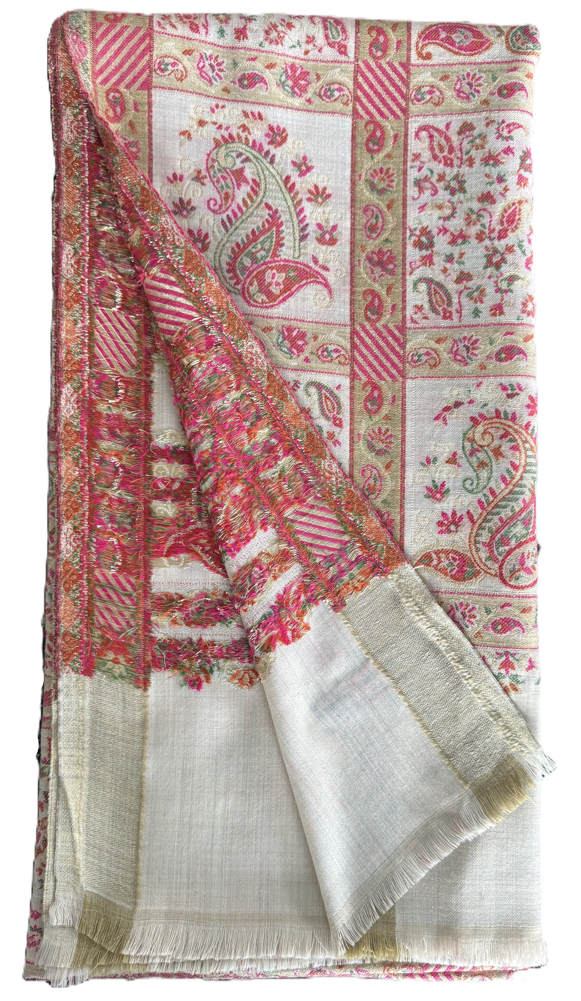 Kani Pashmina Shawl – Ivory Base with Rose and Olive Floral Design, Handwoven Kani Shawl – Ivory with Pink Green Paisley Motifs, Traditional Kashmiri Pashmina Shawl, winter shawls NZ,pashmina scarf NZ,pashmina shawl NZ,buy pashmina stole New Zealand,authentic pashmina shawls online,pure pashmina scarves NZ,kashmir shawls NZ