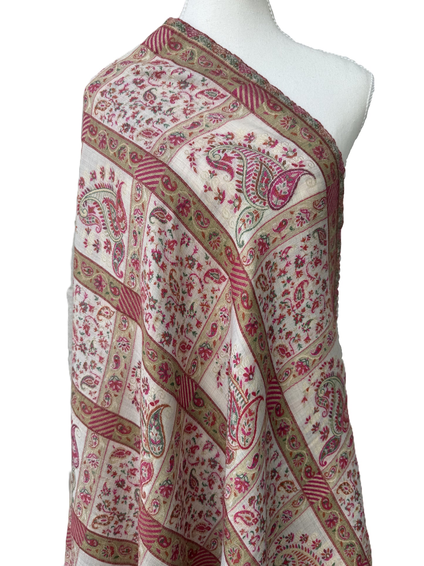 Kani Pashmina Shawl – Ivory Base with Rose and Olive Floral Design, Handwoven Kani Shawl – Ivory with Pink Green Paisley Motifs, Traditional Kashmiri Pashmina Shawl, winter shawls NZ,pashmina scarf NZ,pashmina shawl NZ,buy pashmina stole New Zealand,authentic pashmina shawls online,pure pashmina scarves NZ,kashmir shawls NZ