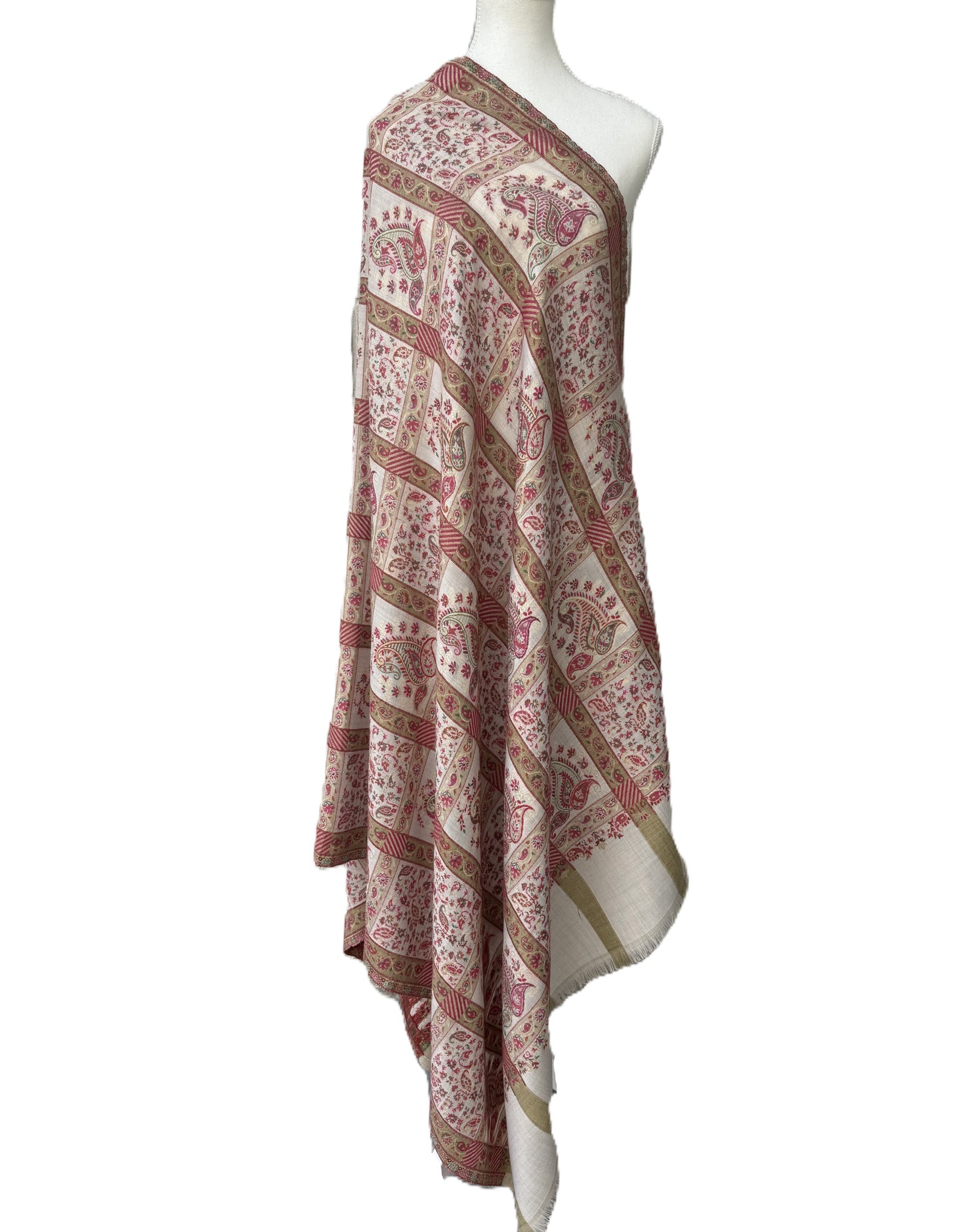 Kani Pashmina Shawl – Ivory Base with Rose and Olive Floral Design, Handwoven Kani Shawl – Ivory with Pink Green Paisley Motifs, Traditional Kashmiri Pashmina Shawl, winter shawls NZ,pashmina scarf NZ,pashmina shawl NZ,buy pashmina stole New Zealand,authentic pashmina shawls online,pure pashmina scarves NZ,kashmir shawls NZ