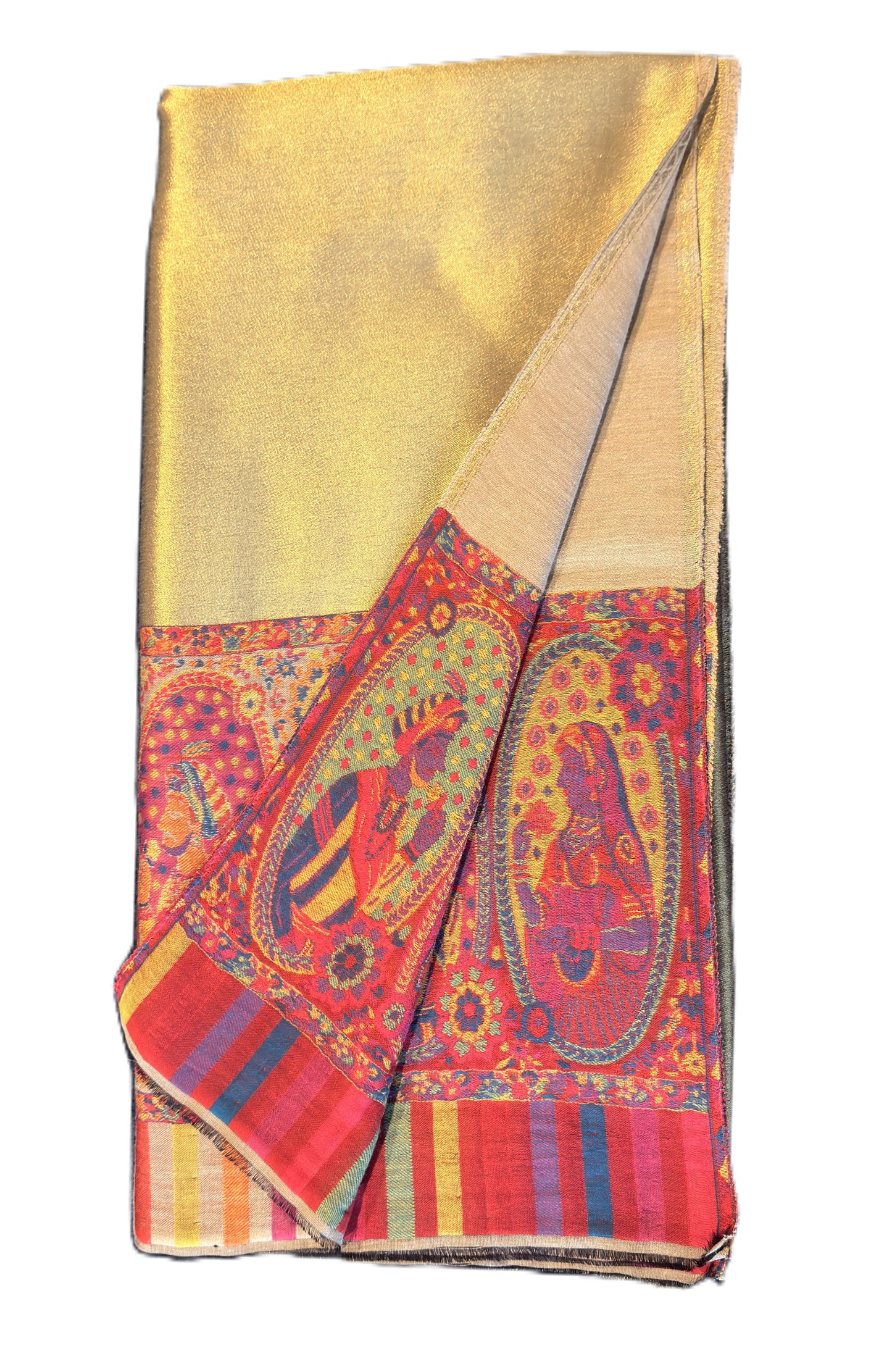 Premium gold shawl elegant drape with multicolor paisley border detail