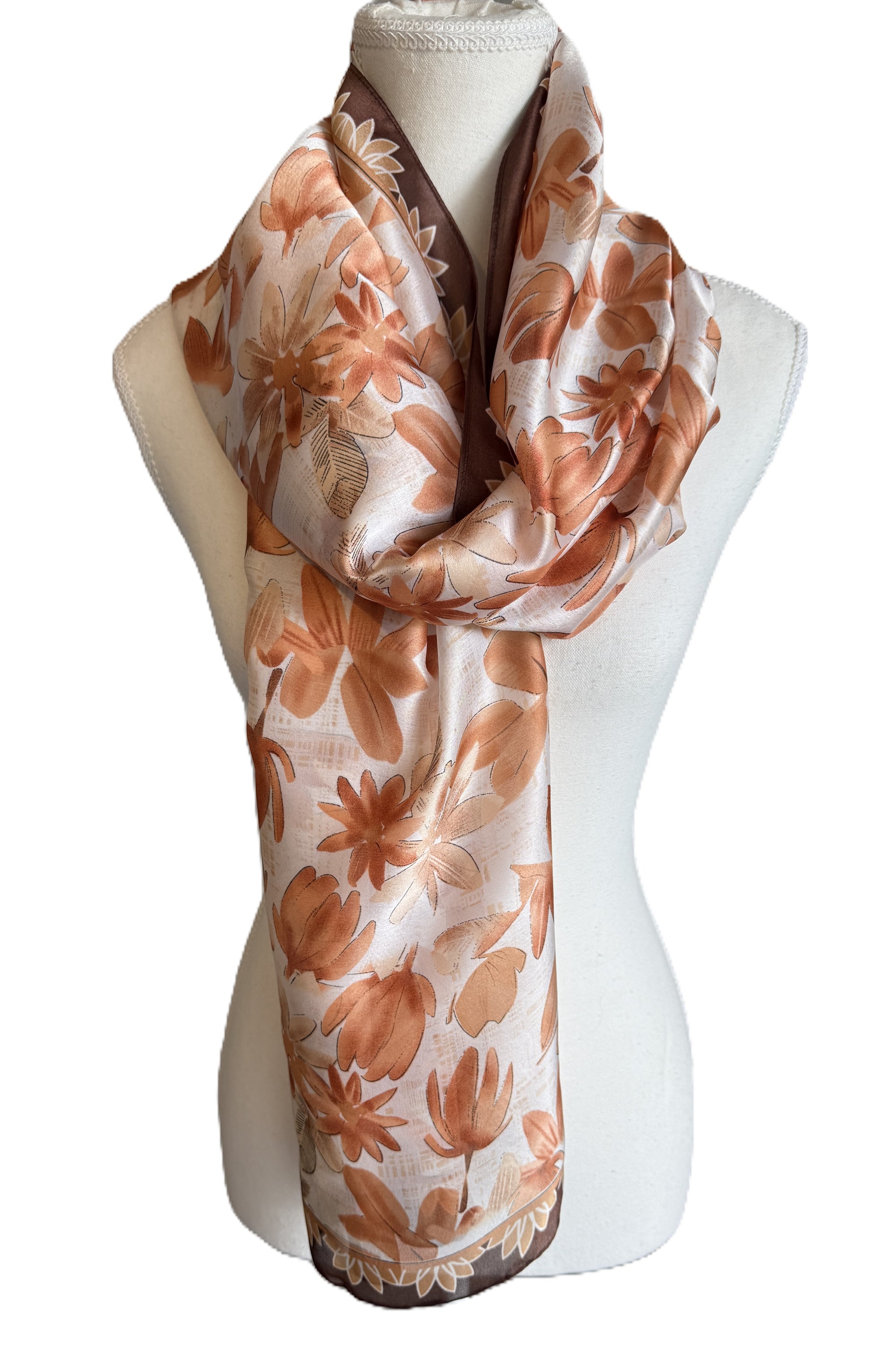 Silk Blend Scarf – Ivory with Rust Floral Print, scarf nz, women scarf, women scarves