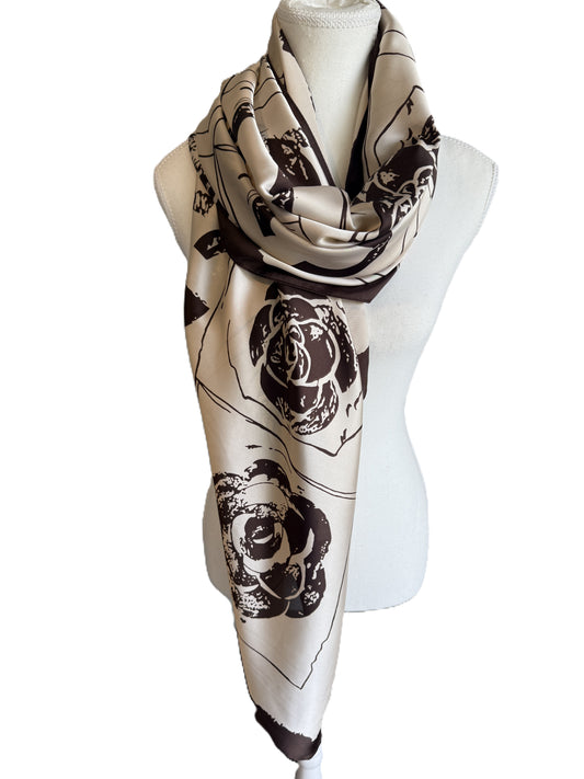 Silk blend scarf beige base with brown print,nzshawls, scaves in nz, pashmina nz ,Women’s scarf, scarves nz
