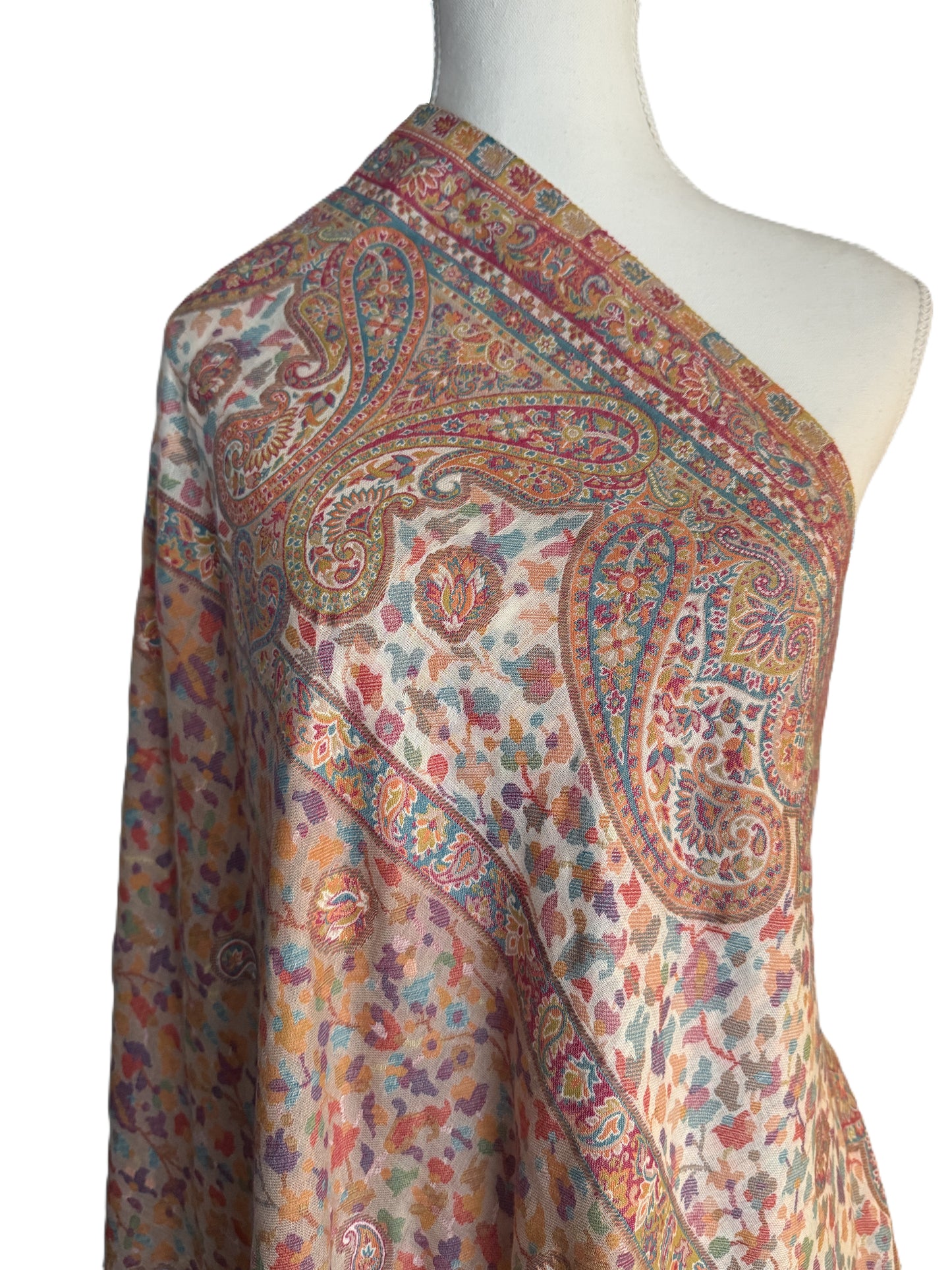 Kani Pashmina shawl with intricate multicolour design on beige base, Traditional Kashmiri Pashmina shawl – beige with floral paisley pattern, made in Kashmir and available in NZ, Kashmiri Pashmina shawl for winter