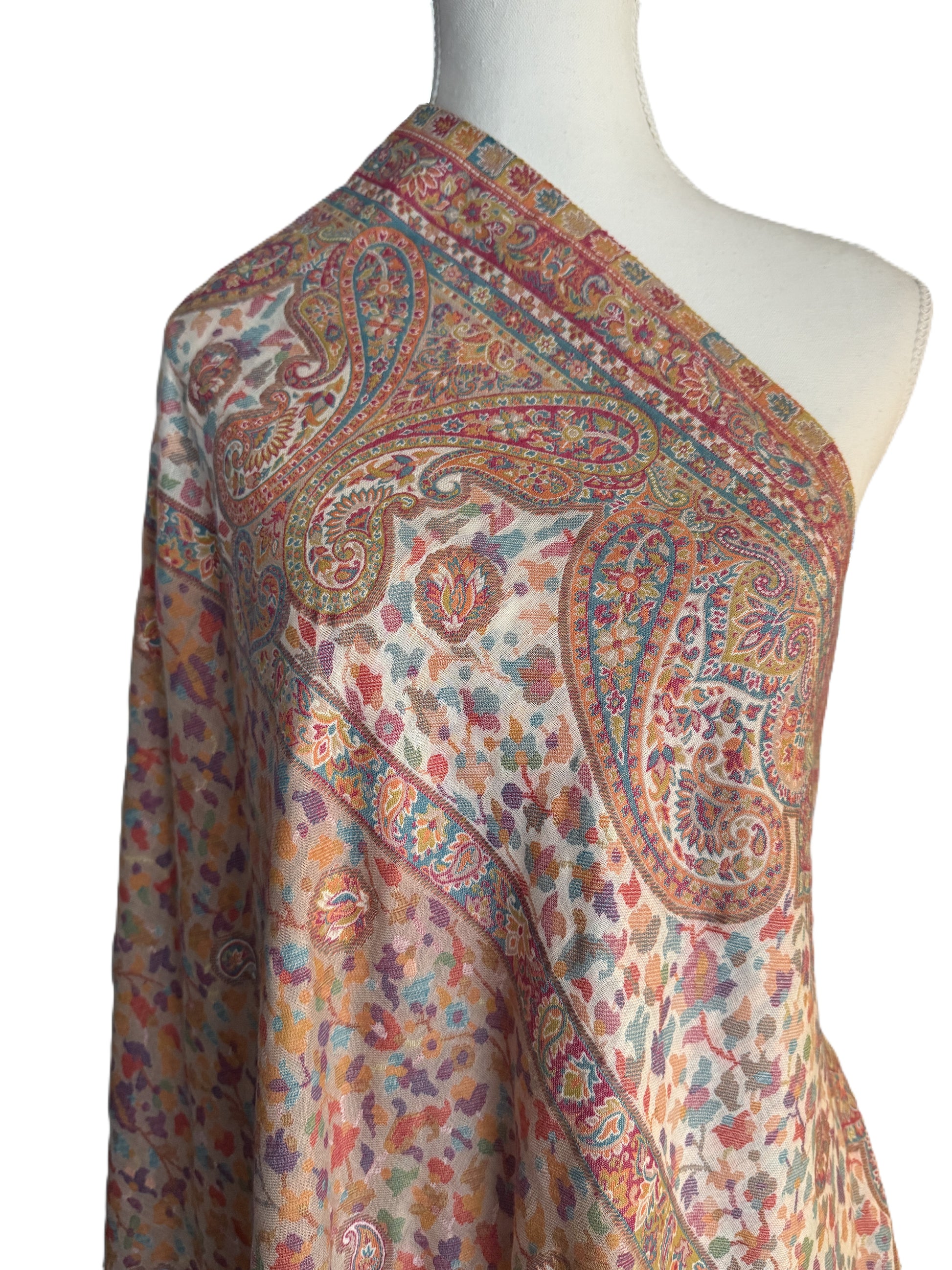 Kani Pashmina shawl with intricate multicolour design on beige base, Traditional Kashmiri Pashmina shawl – beige with floral paisley pattern, made in Kashmir and available in NZ, Kashmiri Pashmina shawl for winter