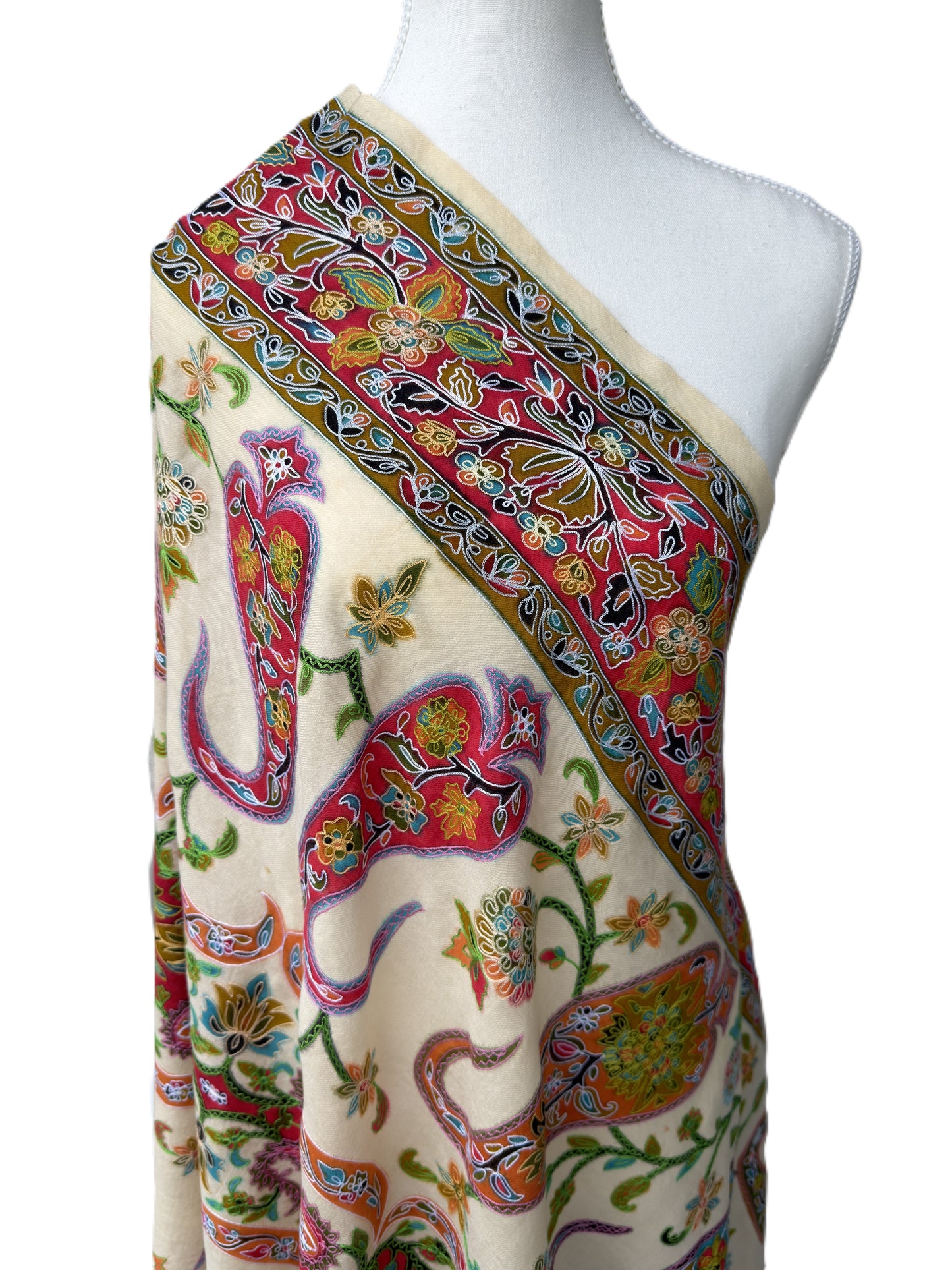 Luxury Kashmiri pashmina shawl in ivory with multicolor paisley design