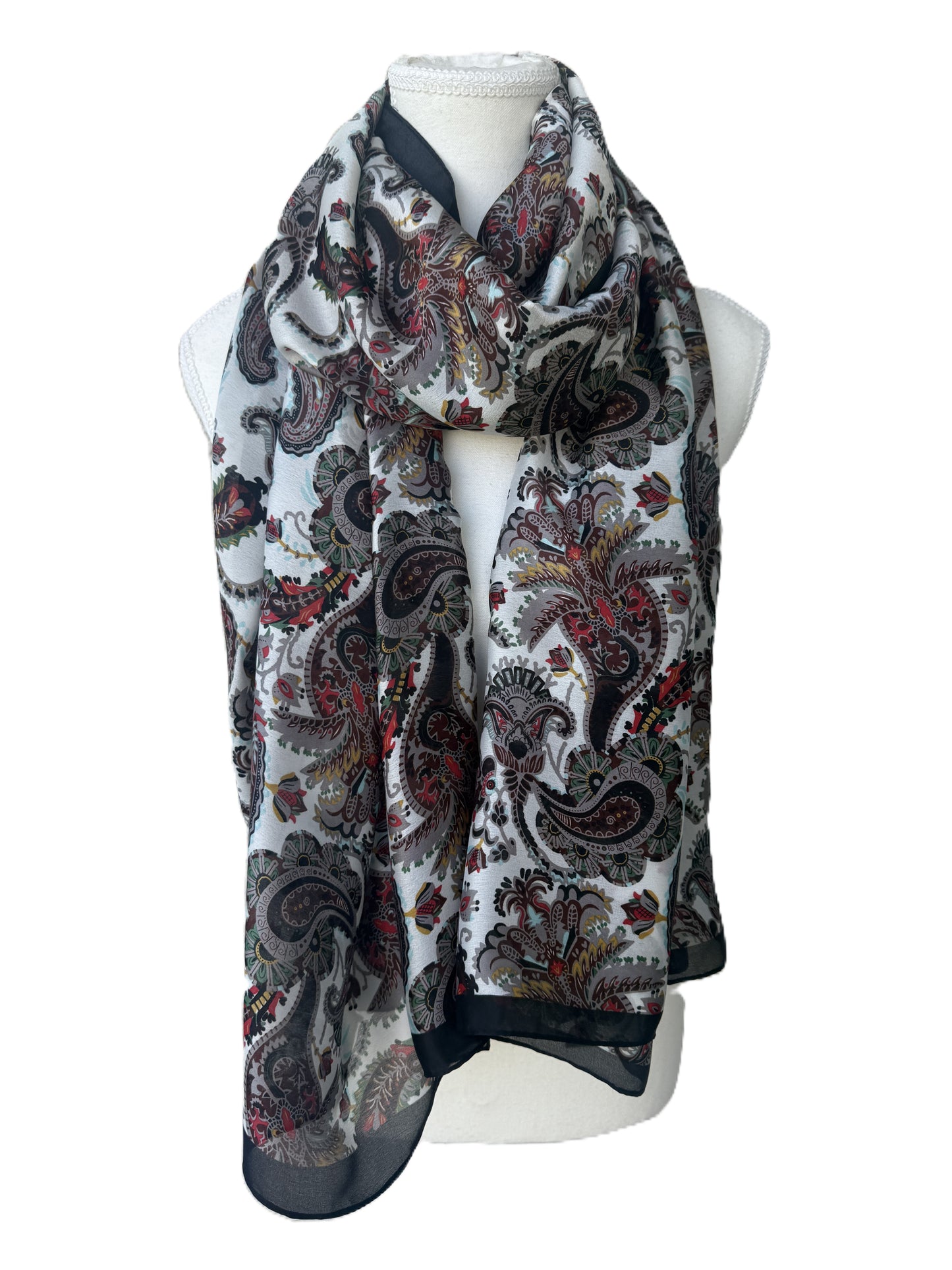 Silk-blend scarf with multicolor paisley pattern on ivory background, women scarves