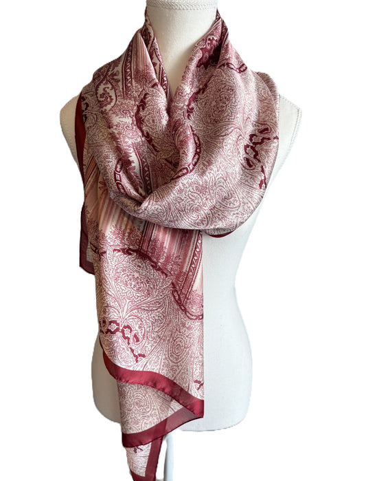 Silk Scarf - Ivory Base with Vintage Maroon Floral Design, nzshawls, scaves in nz, pashmina nz ,Women’s scarf, scarves nz, scarfs nz
