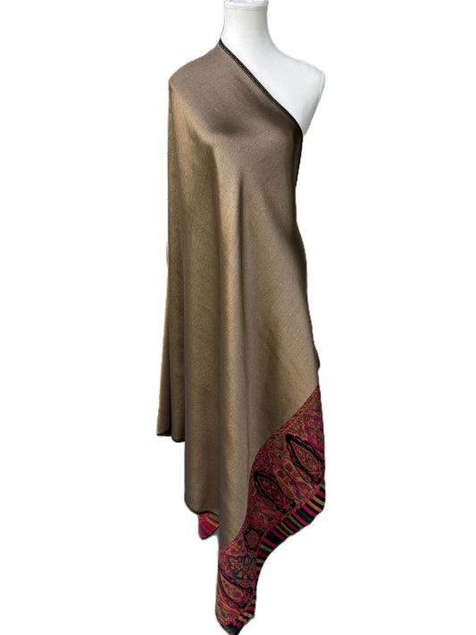 Luxury pashmina shawl gold front black back Kashmiri heritage border