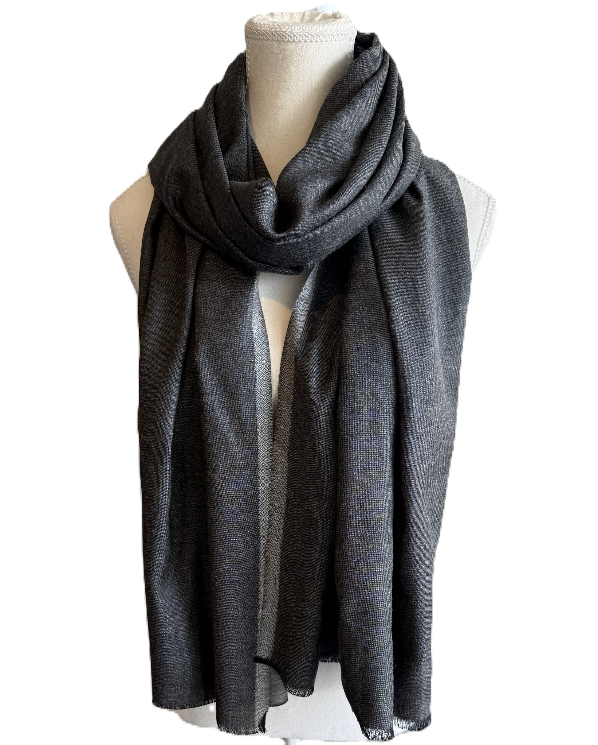 Two-tone grey and black scarf in soft pashmina blend, reversible design, scaves in nz, pashmina nz ,Women’s scarf, scarves nz, scarfs nz, men  scarves, men scarf nz