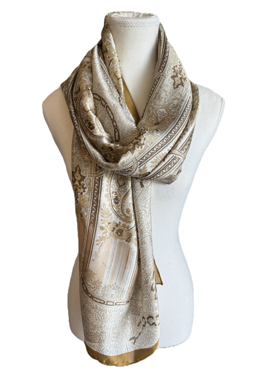 Silk blend scarf with taupe and brown floral design on ivory base, draped elegantly, Silk scarf, nzshawls, scaves in nz, pashmina nz, nzshawls, scaves in nz, pashmina nz ,Women’s scarf, scarves nz, scarfs nz
