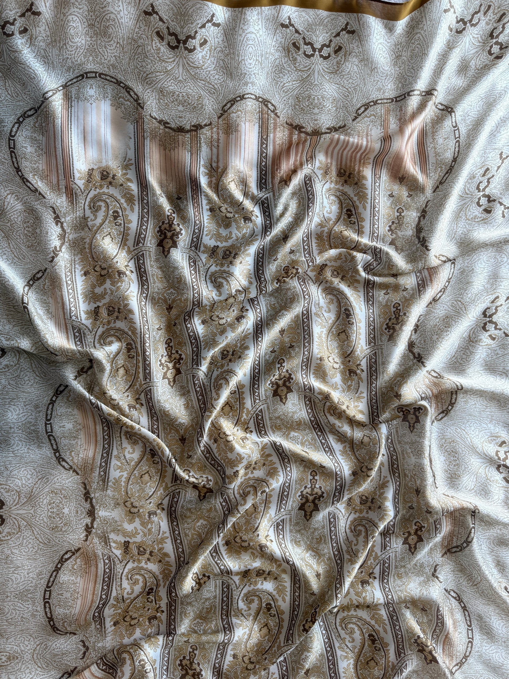 Silk blend scarf with taupe and brown floral design on ivory base, draped elegantly, Silk scarf, nzshawls, scaves in nz, pashmina nz, nzshawls, scaves in nz, pashmina nz ,Women’s scarf, scarves nz, scarfs nz