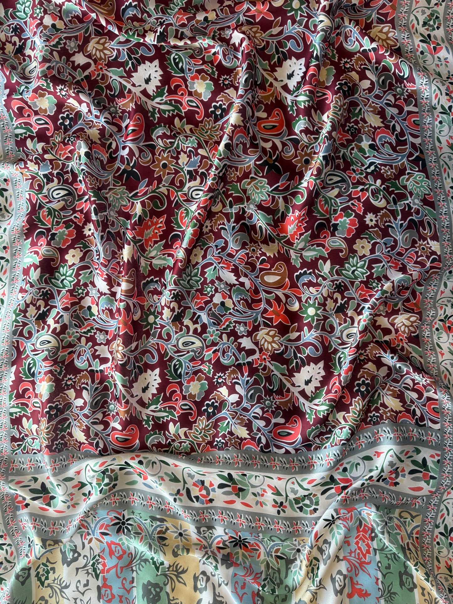 Lightweight silk blend scarf featuring colorful multi floral pattern, Women’s pashmina scarf,
Silk scarf with vibrant floral pattern,
Paisley print scarf in rich hues,
Lightweight scarf featuring intricate floral designs,nzshawls, scaves in nz, pashmina nz 