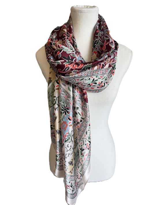 Lightweight silk blend scarf featuring colorful multi floral pattern, Women’s pashmina scarf,
Silk scarf with vibrant floral pattern,
Paisley print scarf in rich hues,
Lightweight scarf featuring intricate floral designs,nzshawls, scaves in nz, pashmina nz 