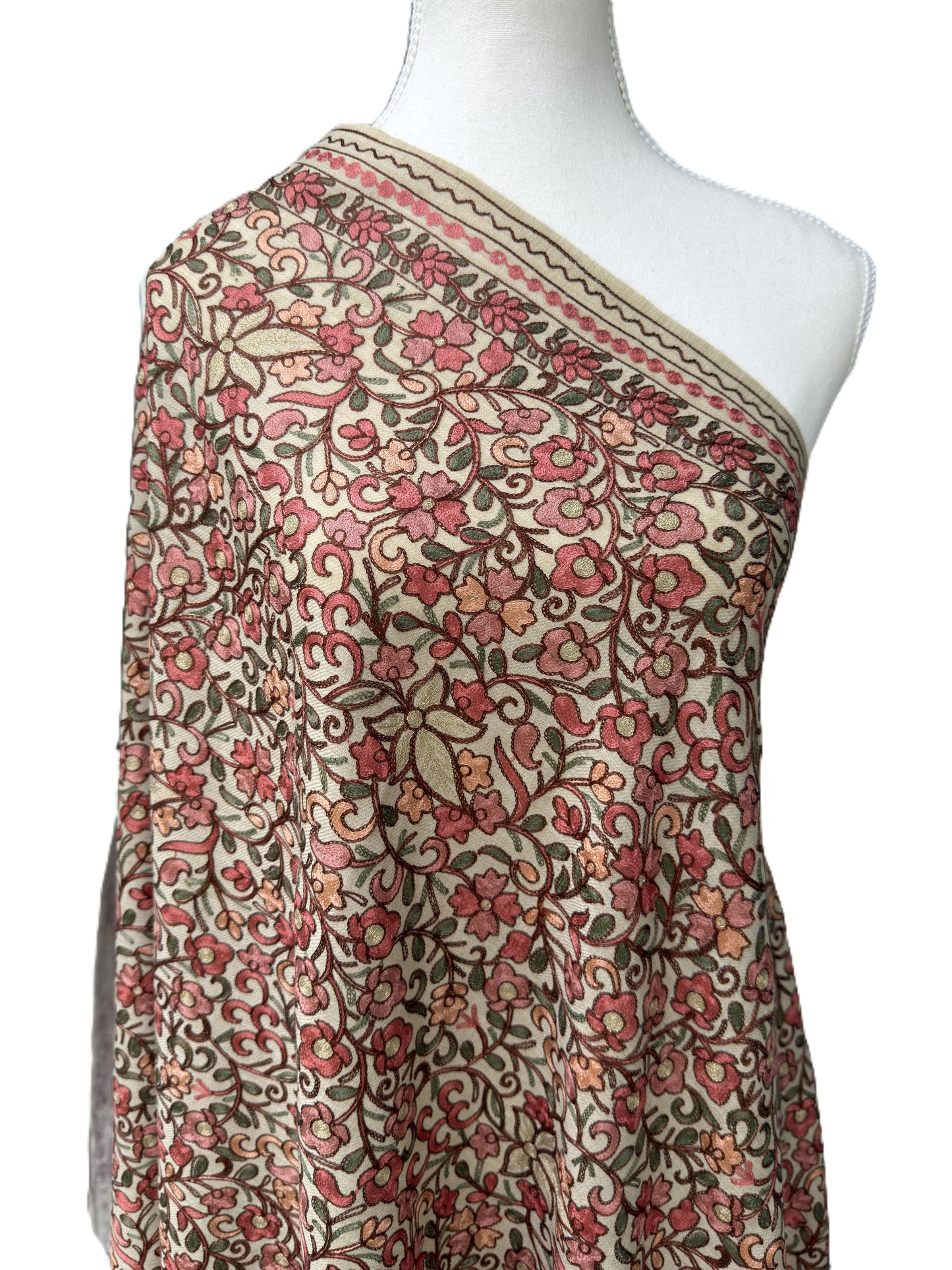 Hand embroidered beige pashmina shawl floral multicolor design