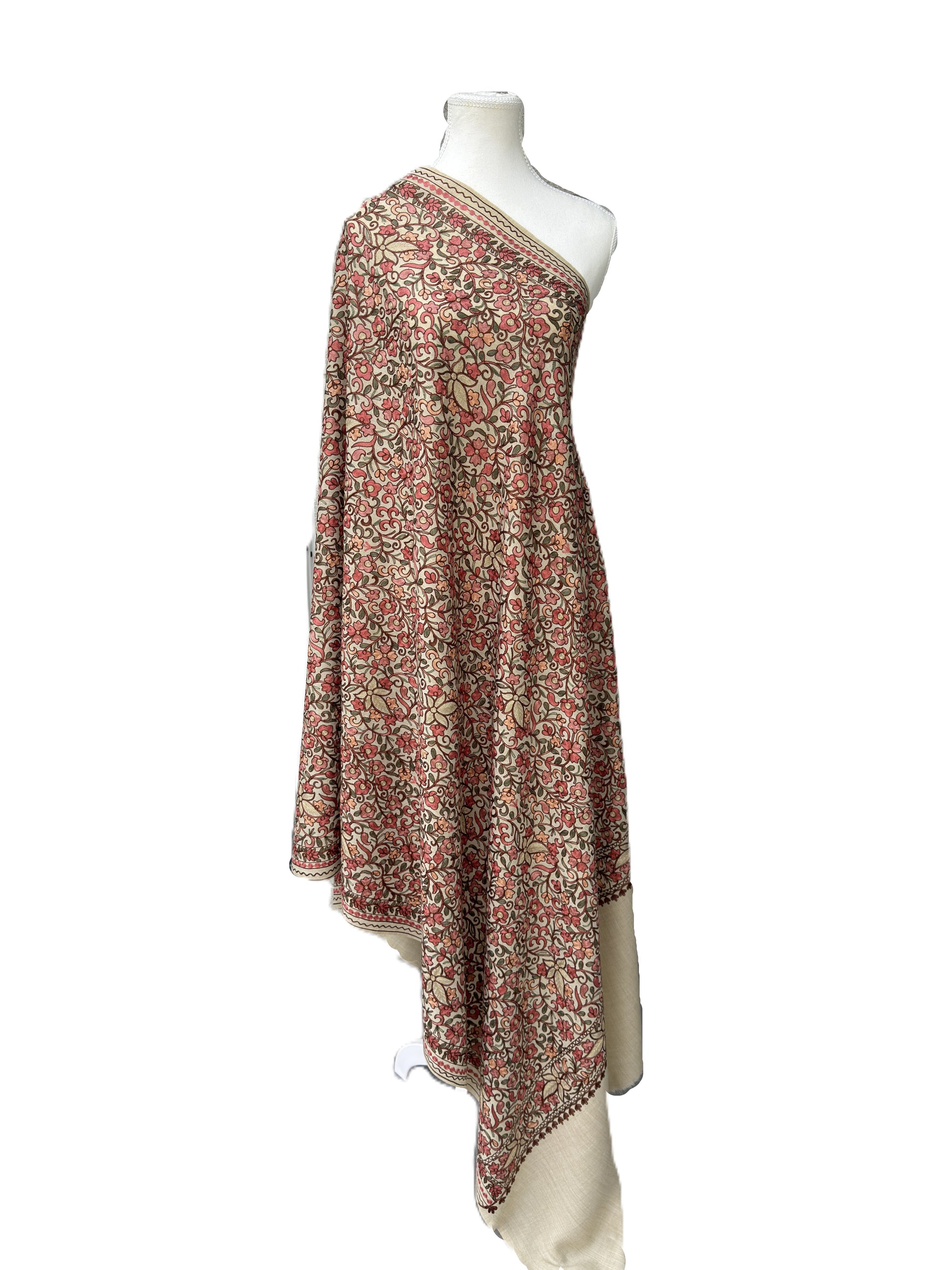 Beige pashmina shawl with multicolor floral embroidery Kashmiri luxury handmade wrap NZ