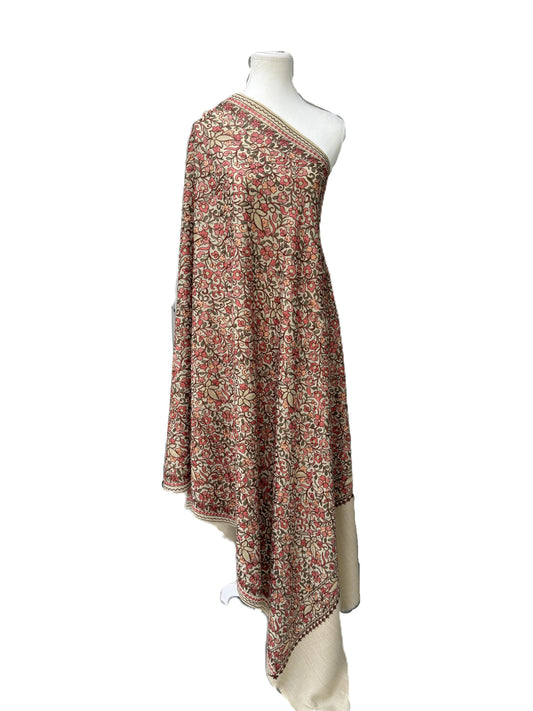 Beige pashmina shawl with multicolor floral embroidery Kashmiri luxury handmade wrap NZ