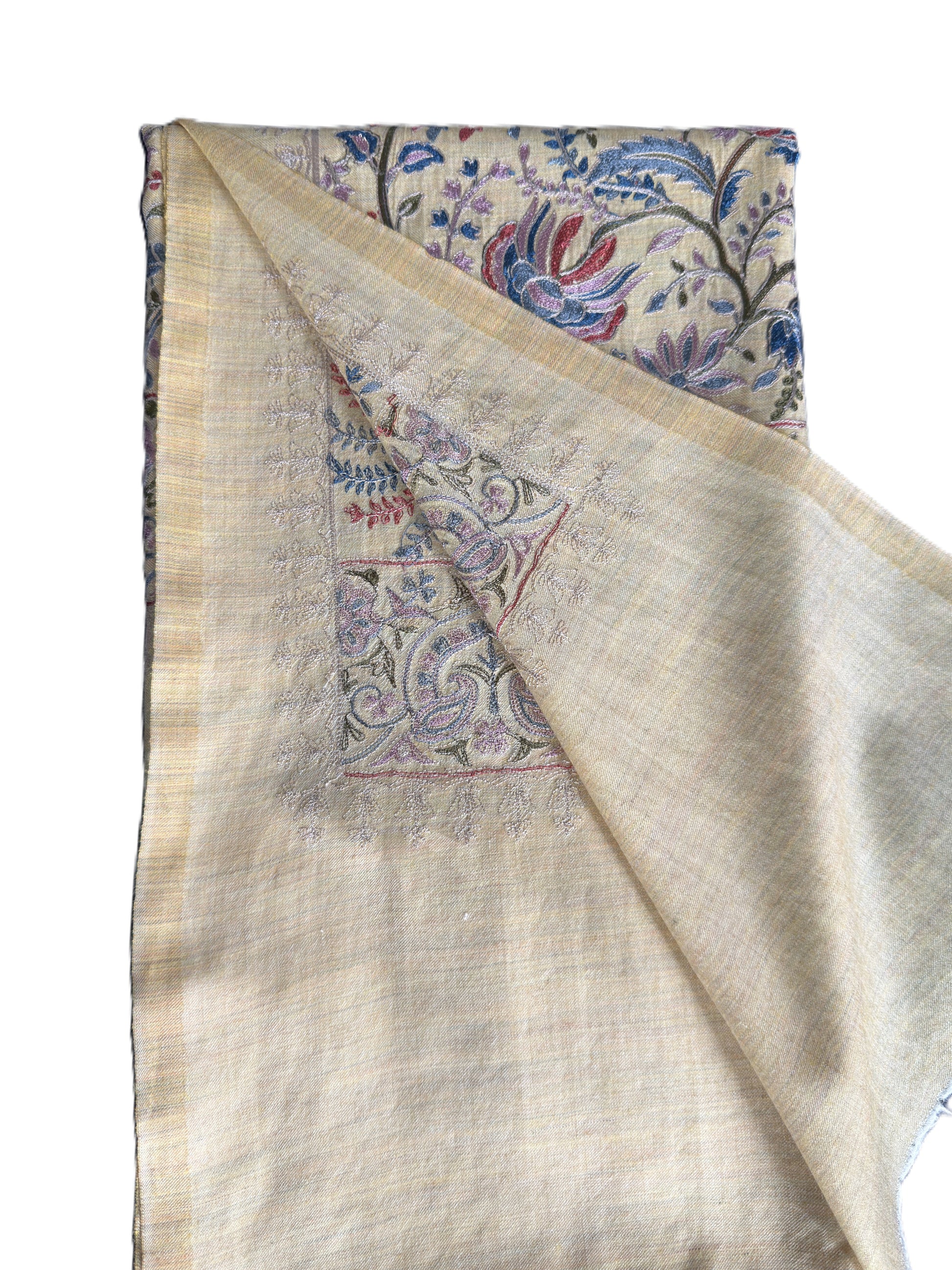 Beige Pashmina shawl with full Kashmiri floral embroidery soft luxury wrap