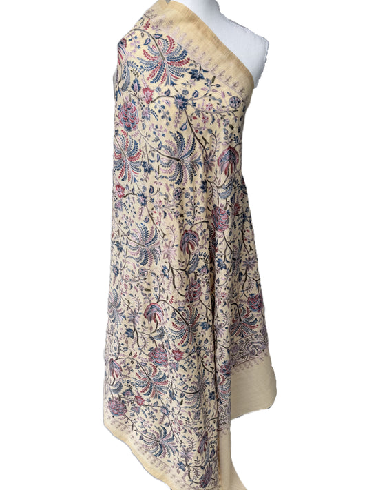 Beige Pashmina shawl with full Kashmiri floral embroidery soft luxury wrap