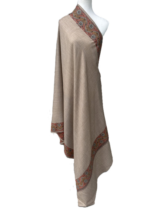 Beige pashmina shawl with Kashmiri embroidered border minimal elegant luxury wrap NZ