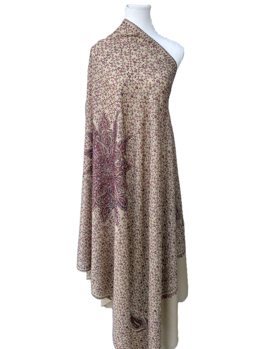 pashmina shawl, kashmiri shawl, sozni embroidery, beige shawl, embroidered shawl, handmade shawl, luxury shawl, soft wool shawl, lightweight shawl, designer shawl, womens shawl, premium shawl nz, nzshawls, gift shawl, elegant shawl, traditional shawl, grid pattern shawl