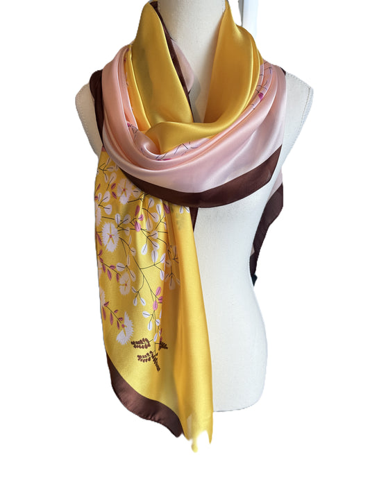 Silk-blend scarf with blush pink and lemon yellow colour blocks, Women’s pashmina scarf, Silk scarf with vibrant floral pattern,pashmina nz, women scarves, women scarf