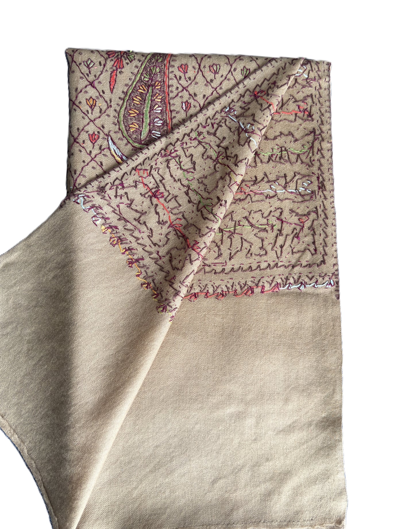 Brown Sozni Pashmina shawl with Kashmiri paisley embroidery and grid pattern luxury wrap