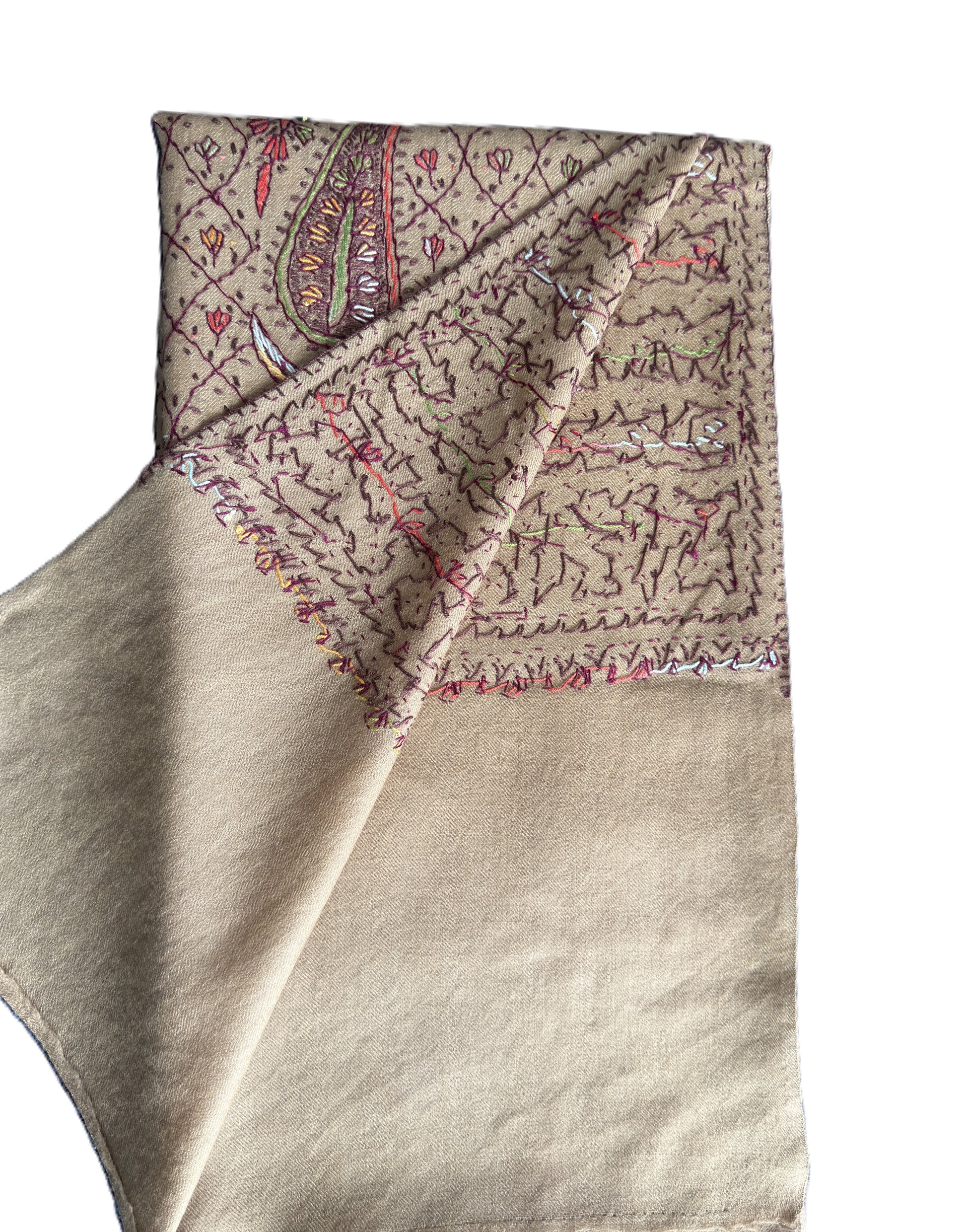 Brown Sozni Pashmina shawl with Kashmiri paisley embroidery and grid pattern luxury wrap