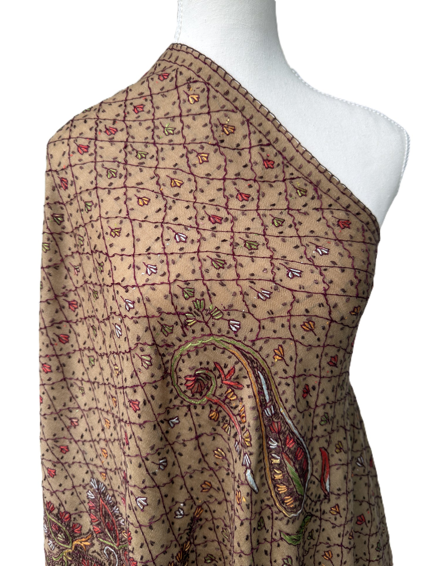 Brown Sozni Pashmina shawl with Kashmiri paisley embroidery and grid pattern luxury wrap