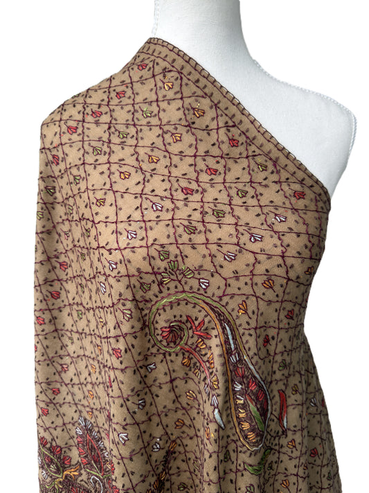 Brown Sozni Pashmina shawl with Kashmiri paisley embroidery and grid pattern luxury wrap