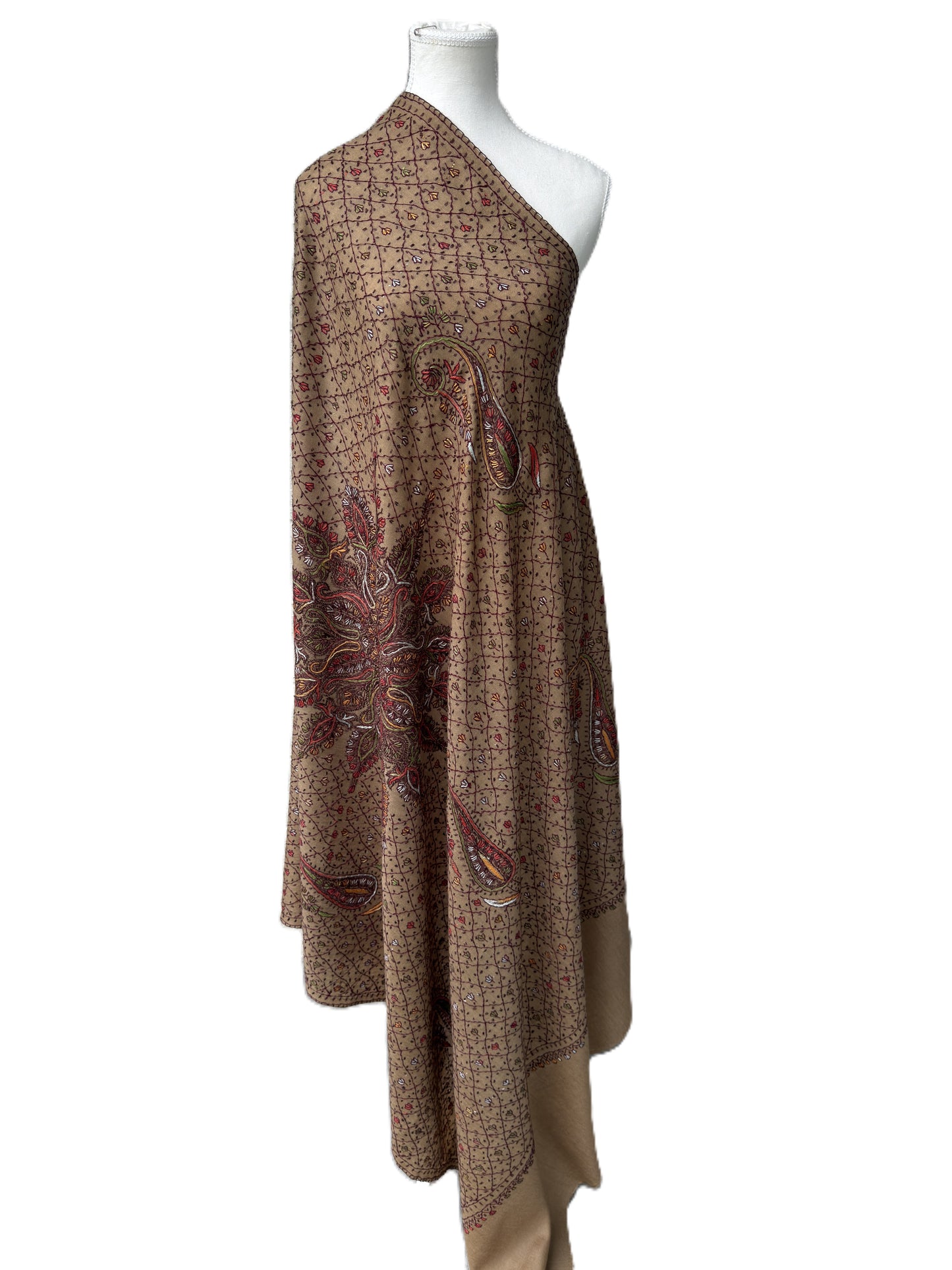 Brown Sozni Pashmina shawl with Kashmiri paisley embroidery and grid pattern luxury wrap