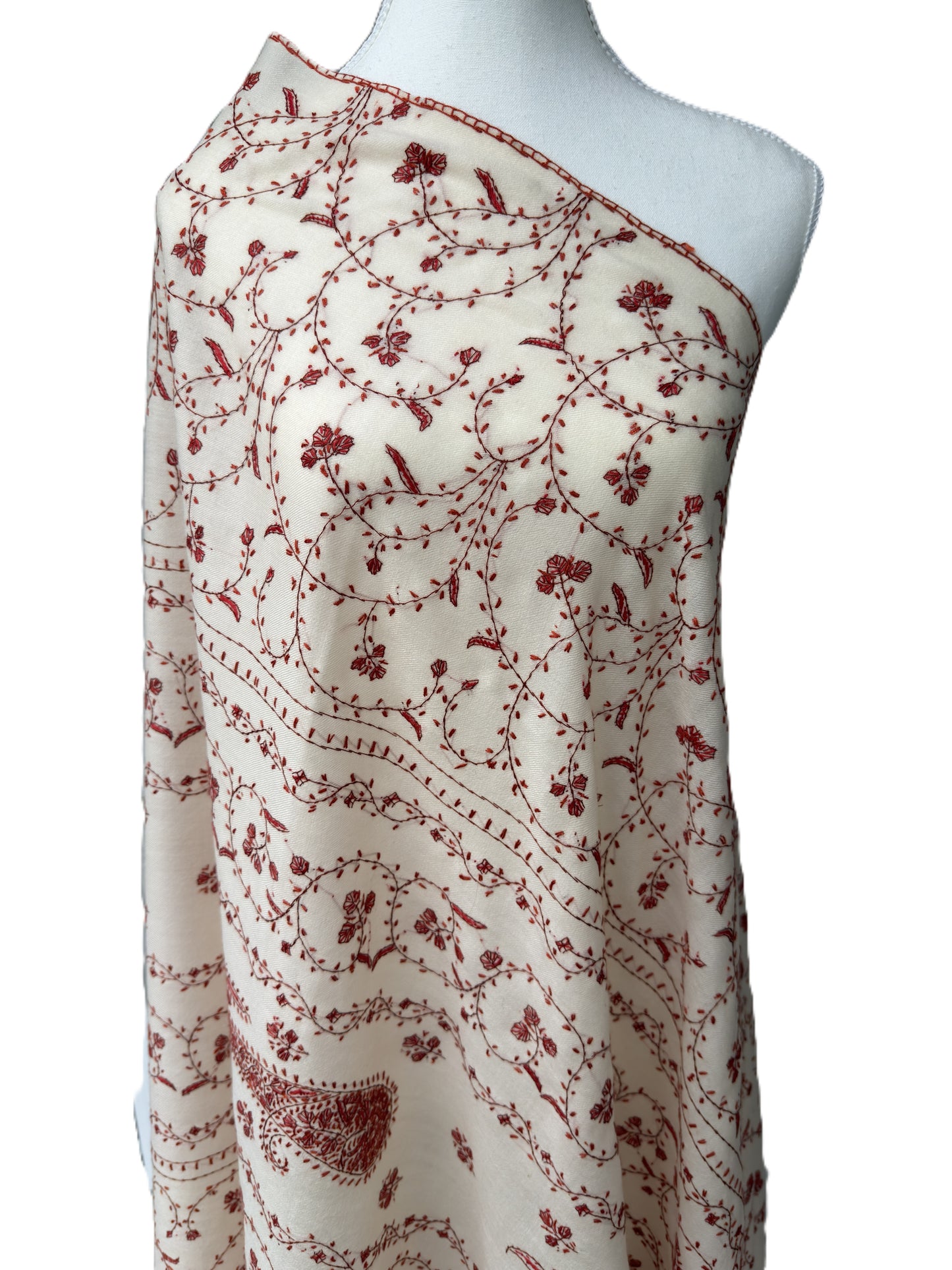 Hand embroidered Pashmina shawl cream red Kashmiri design