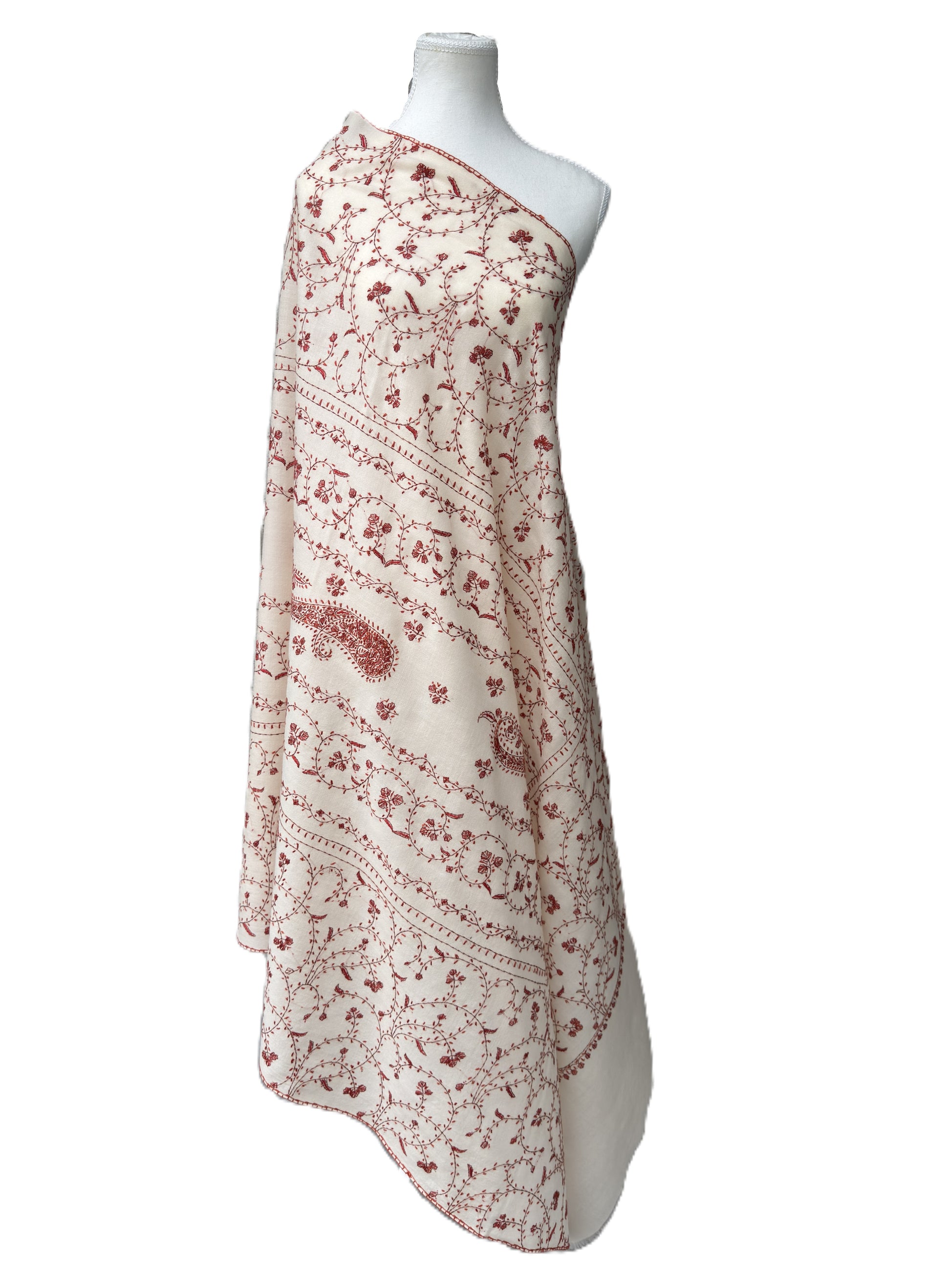 Cream Kashmiri Pashmina shawl with red Sozni embroidery floral pattern luxury wrap NZ