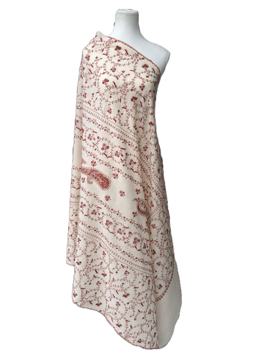 Cream Kashmiri Pashmina shawl with red Sozni embroidery floral pattern luxury wrap NZ