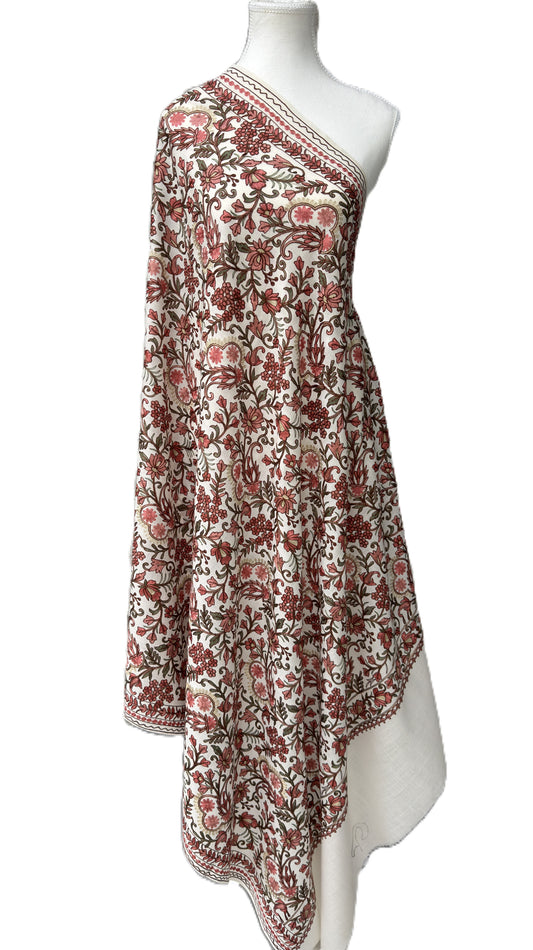 Ivory beige pashmina shawl with red floral Kashmiri embroidery luxury handmade wrap NZ