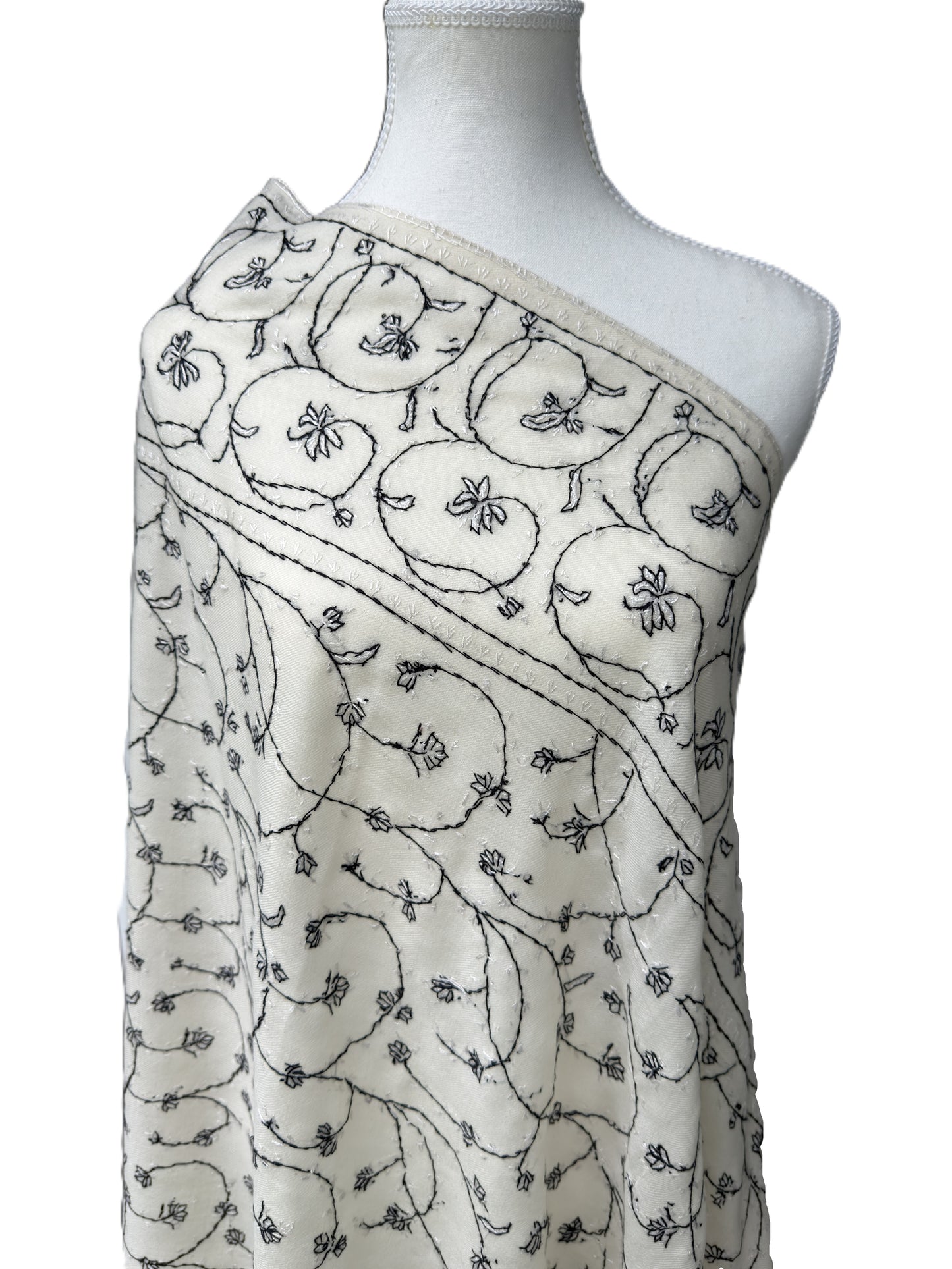 White pashmina shawl black embroidery handcrafted Kashmir